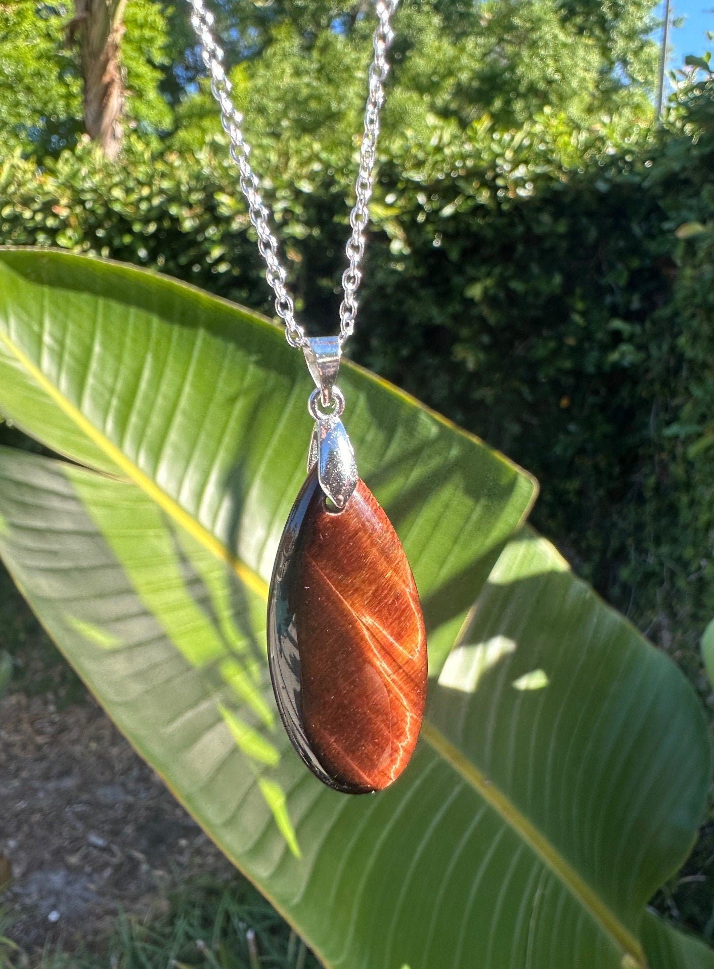 Red Tiger Eye Teardrop Pendant Necklace