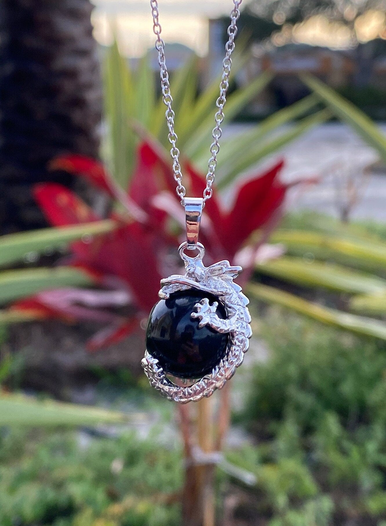 Obsidian Dragon Ball Pendant Necklace