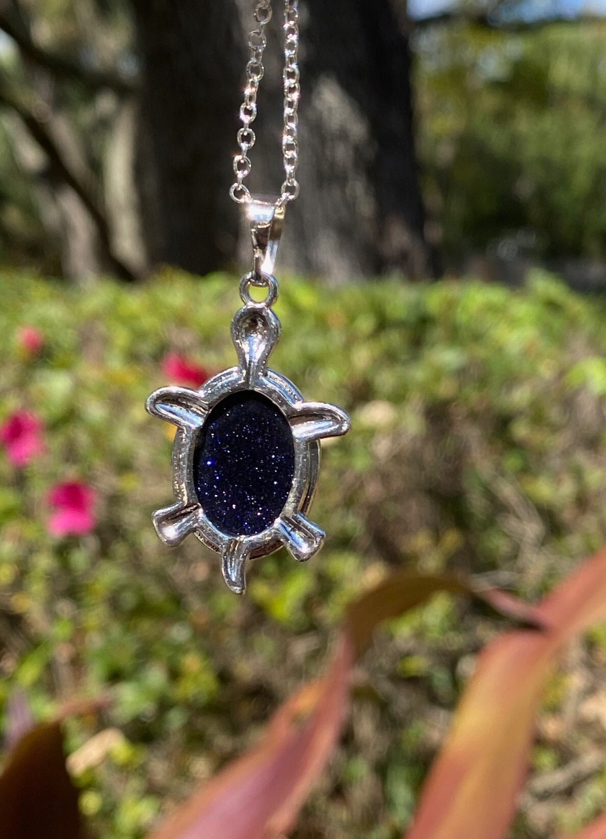Blue Goldstone Turtle Pendant Necklace