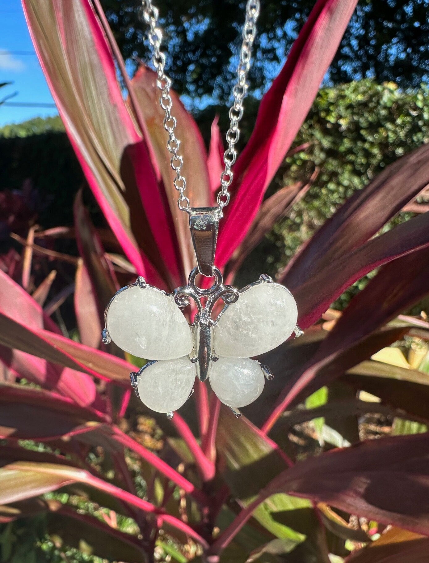 Rock Quartz Butterfly Pendant Necklace