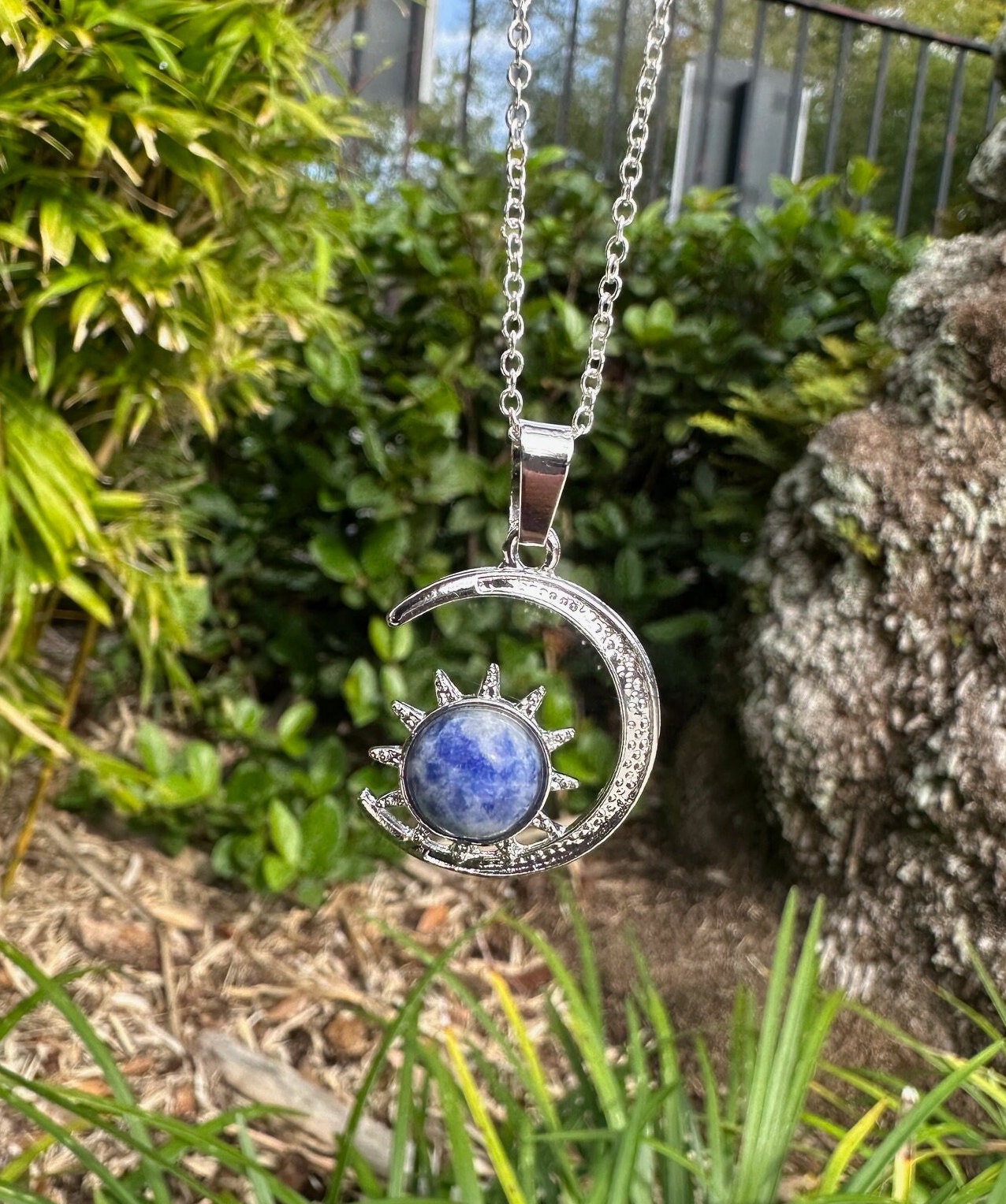 Blue Spot Jasper Crescent Sun Pendant Necklace