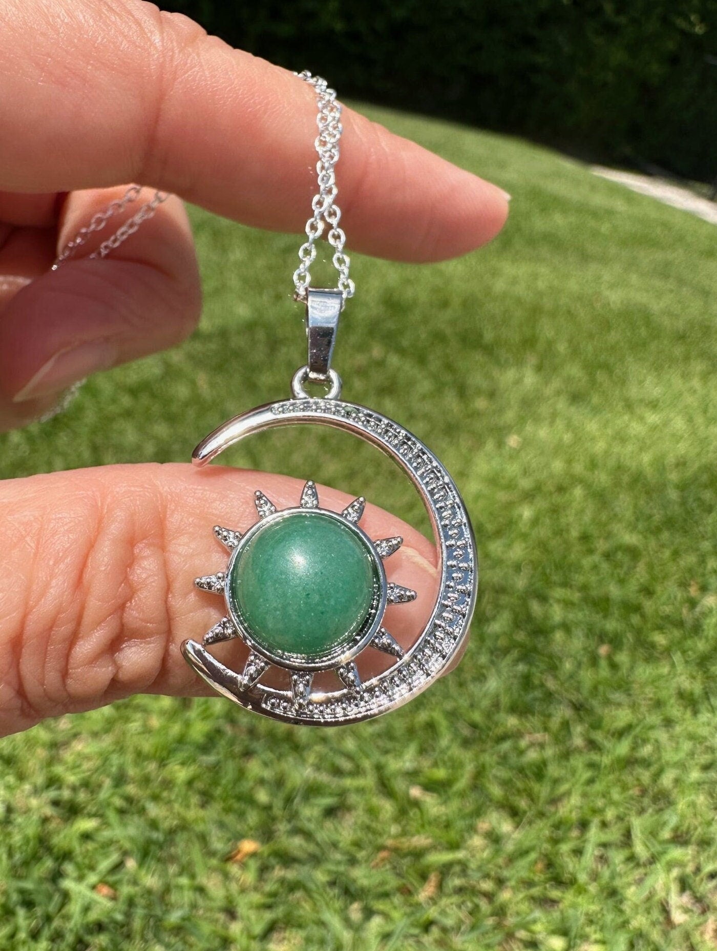 Green Aventurine Crescent Sun Pendant Necklace