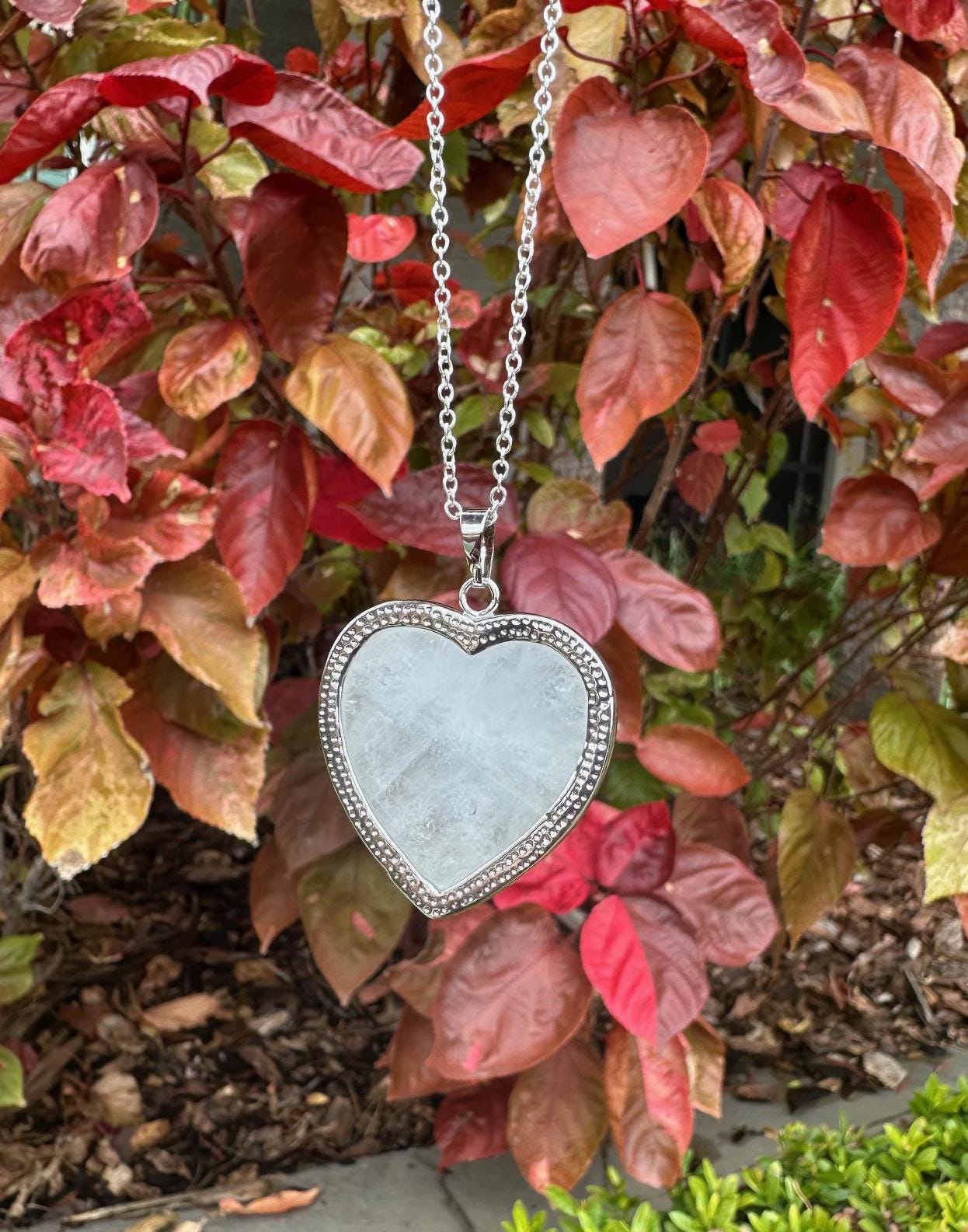 Large Clear Quartz Heart Pendant Necklace