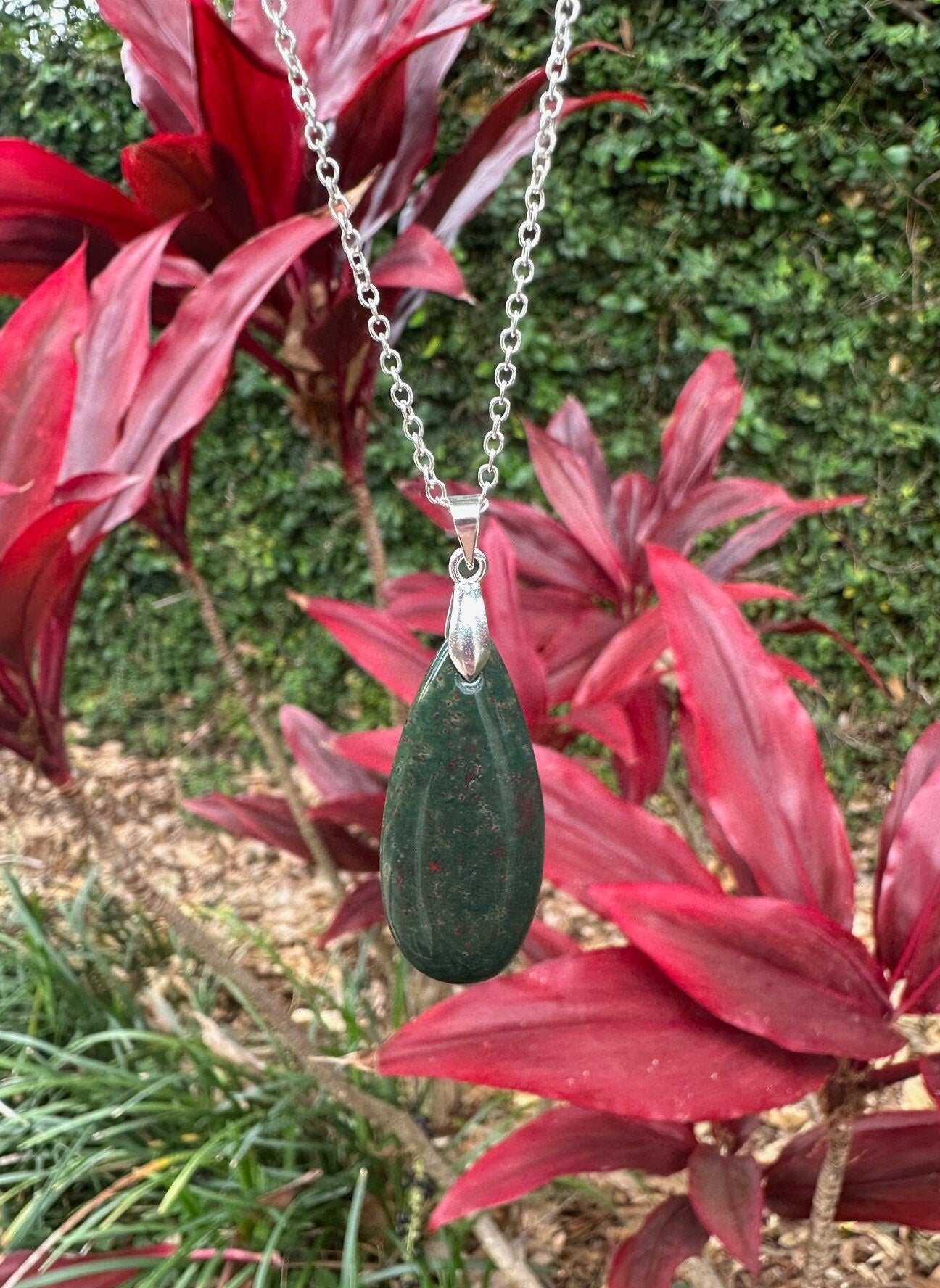 Indian Bloodstone Teardrop Pendant Necklace