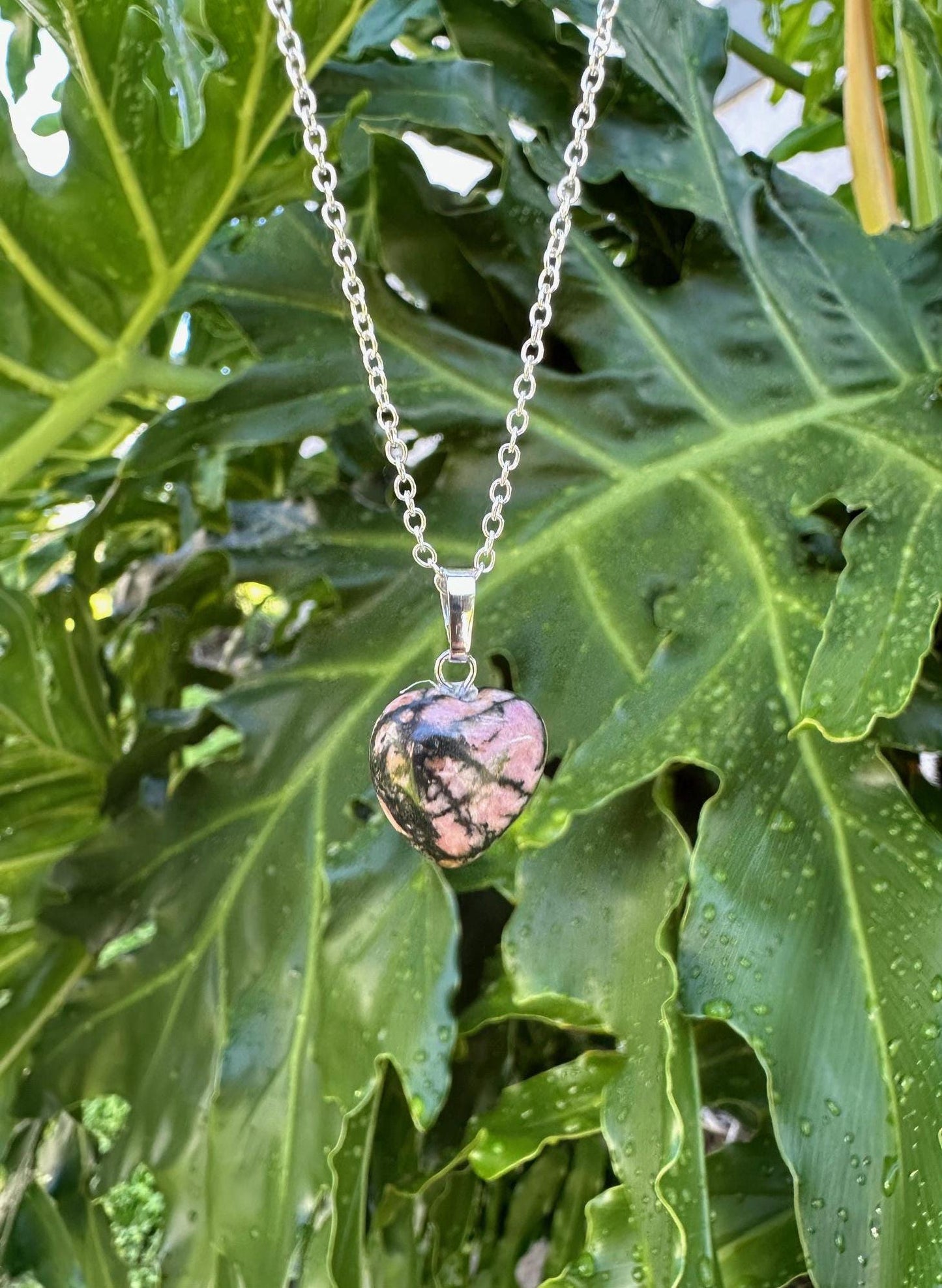 Dainty Rhodonite Heart Pendant Necklace