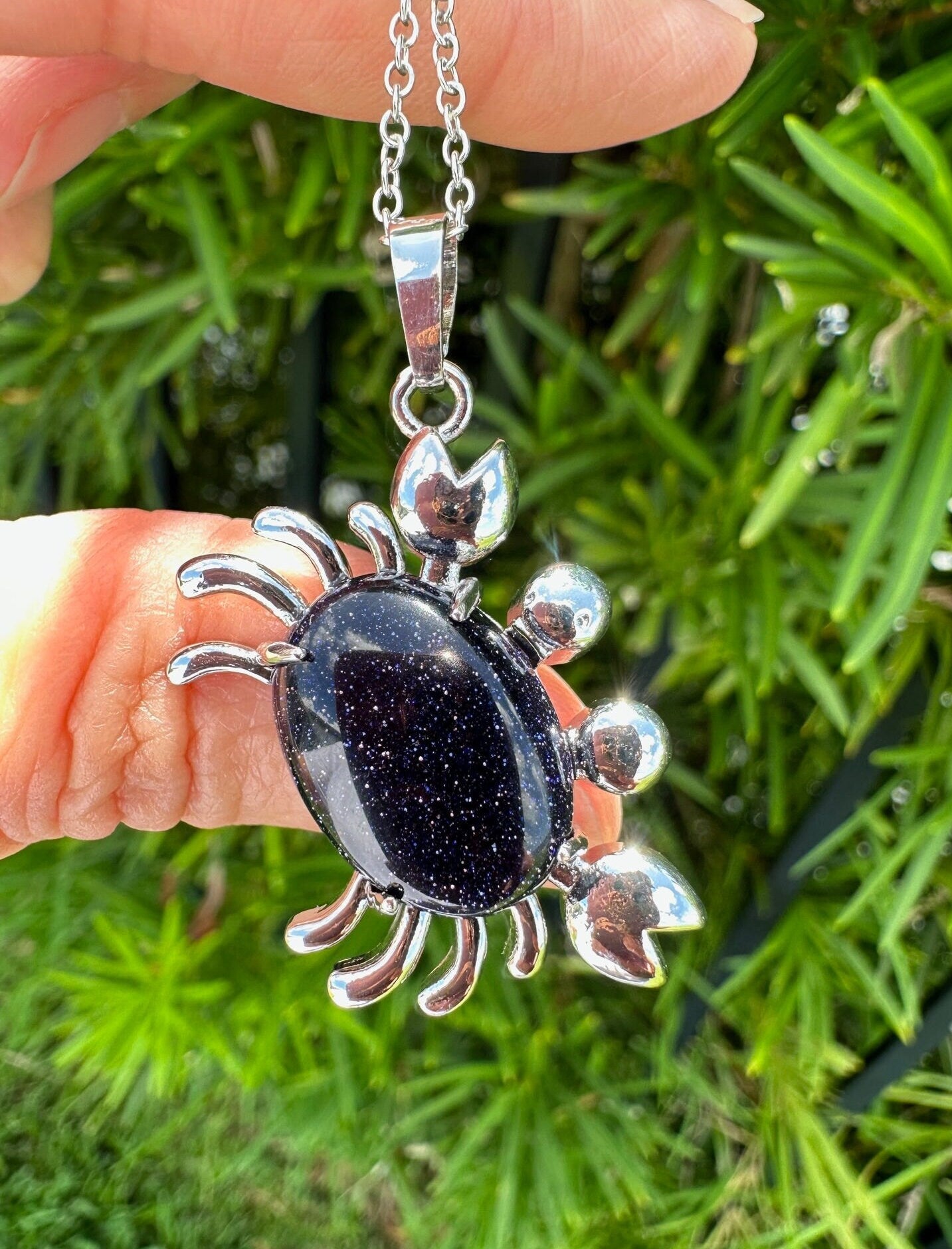 Blue Goldstone Crab Pendant Necklace