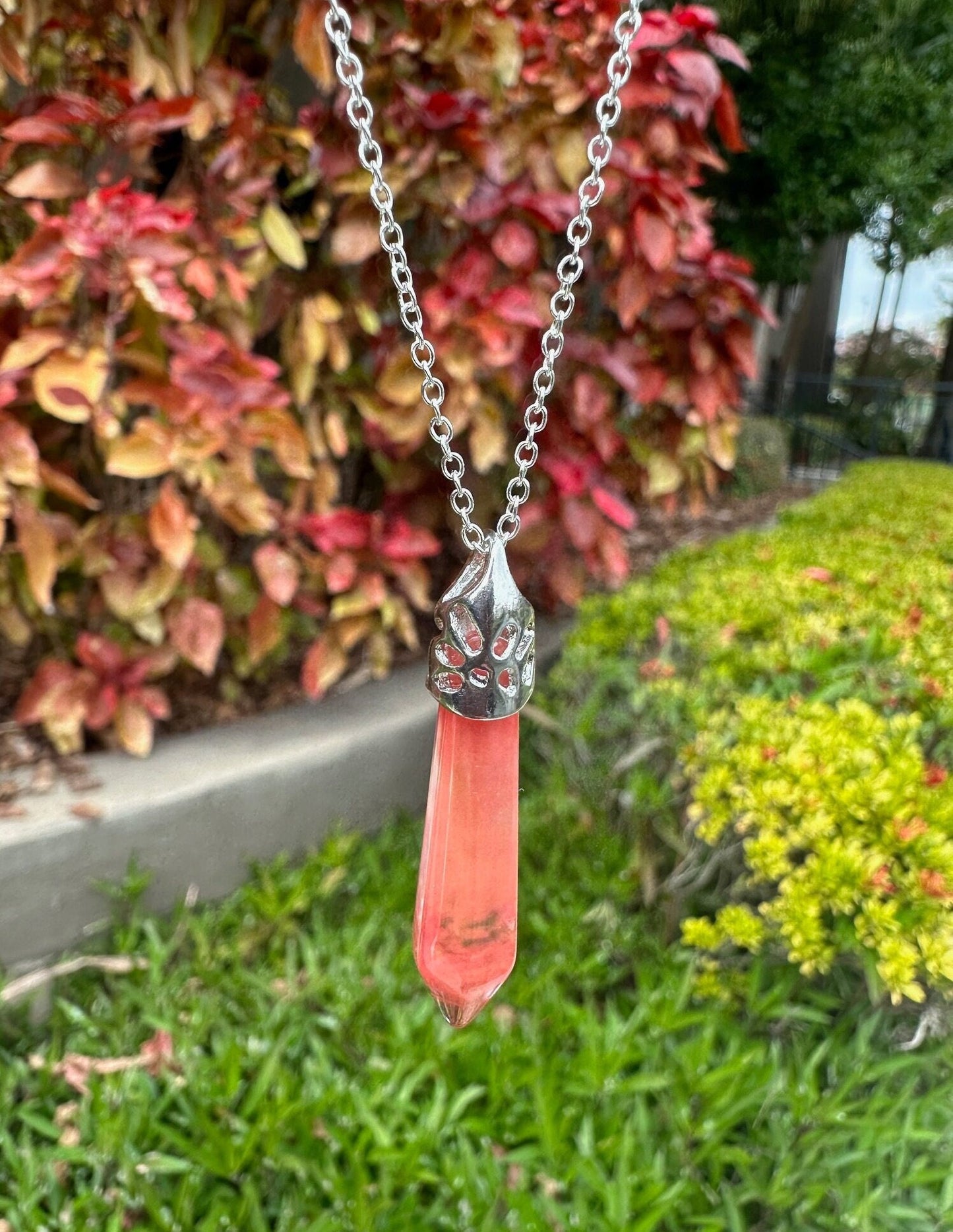 Cherry Quartz Thin Hexagon Pendant Necklace