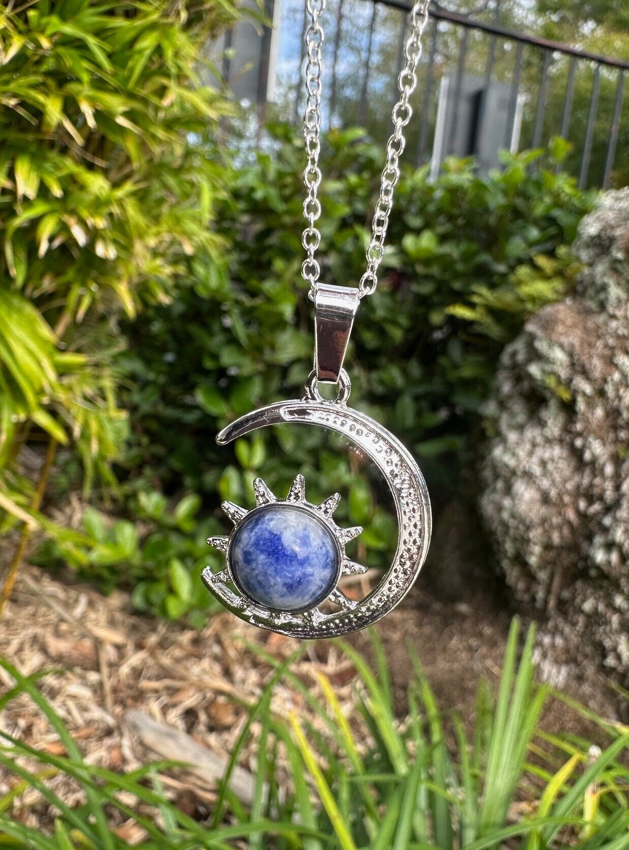 Blue Spot Jasper Crescent Sun Pendant Necklace
