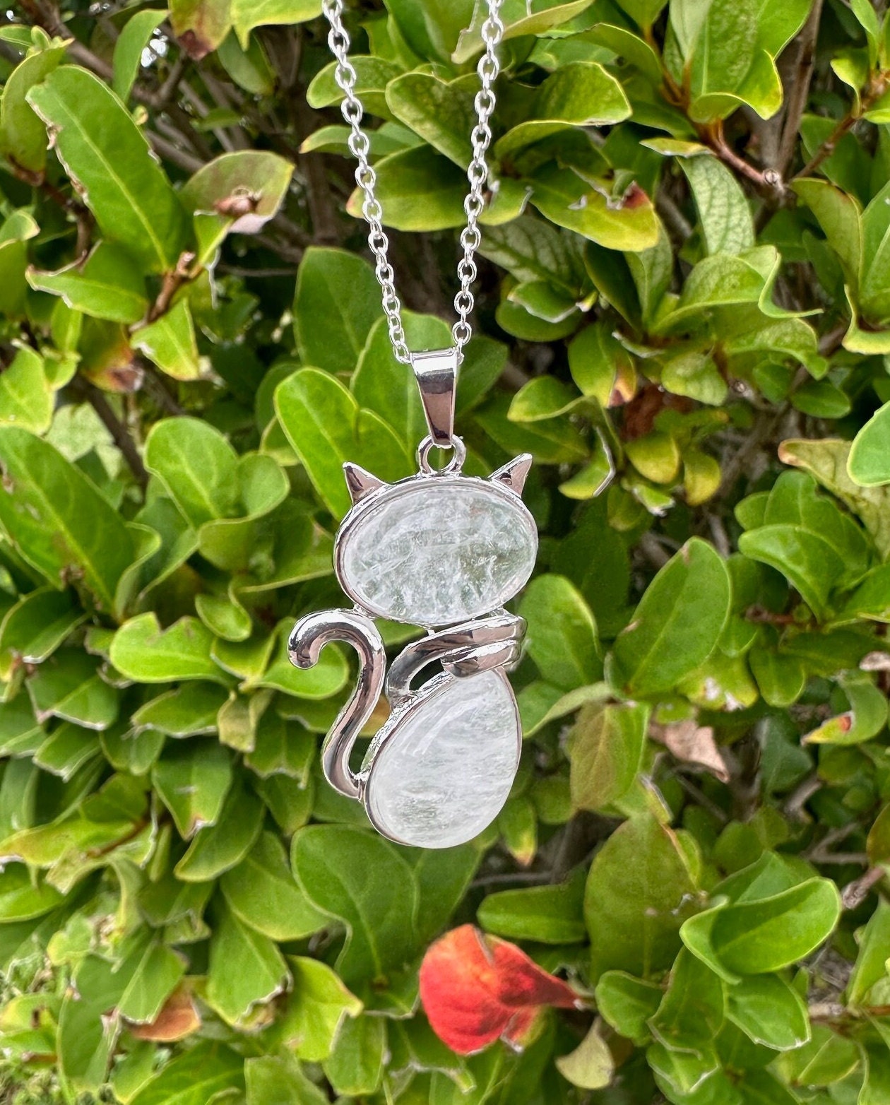 Large Clear Quartz Cat Pendant Necklace