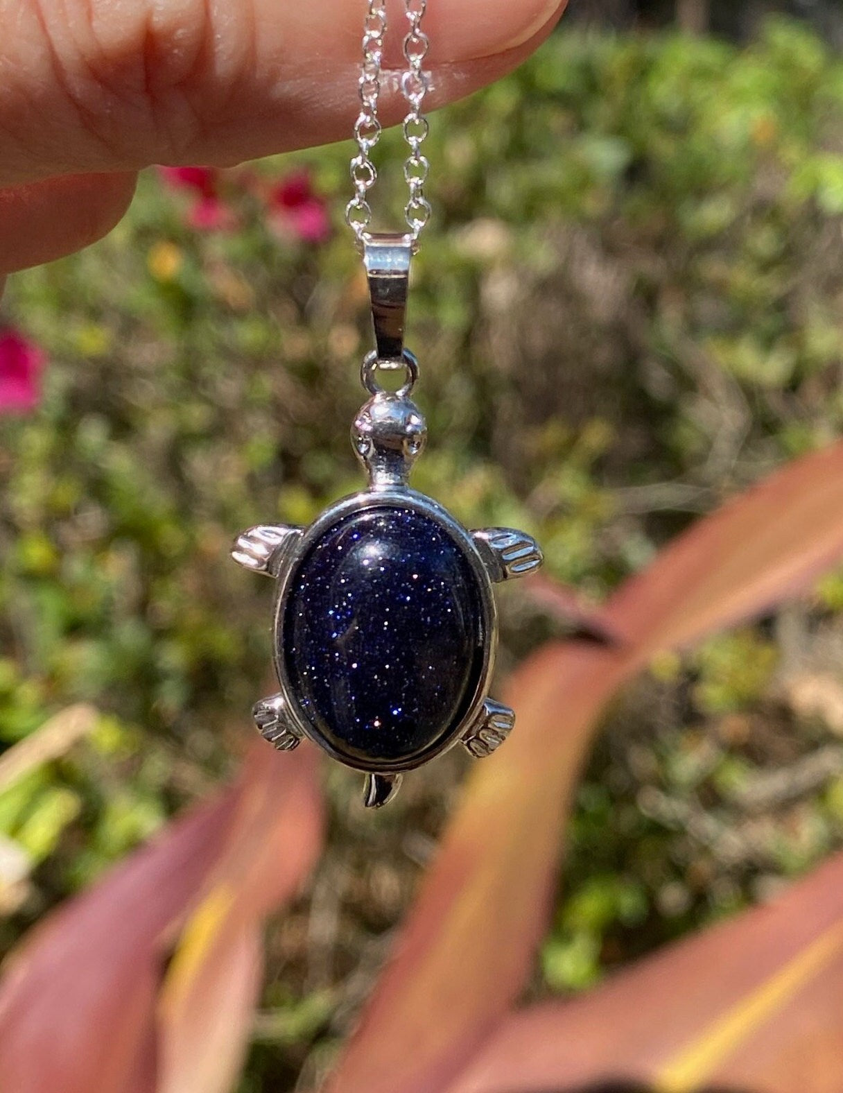 Blue Goldstone Turtle Pendant Necklace