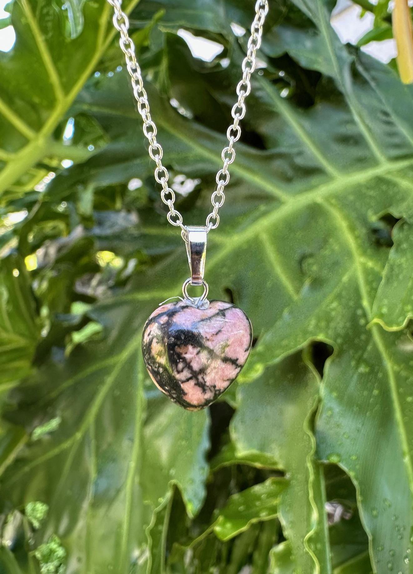 Dainty Rhodonite Heart Pendant Necklace