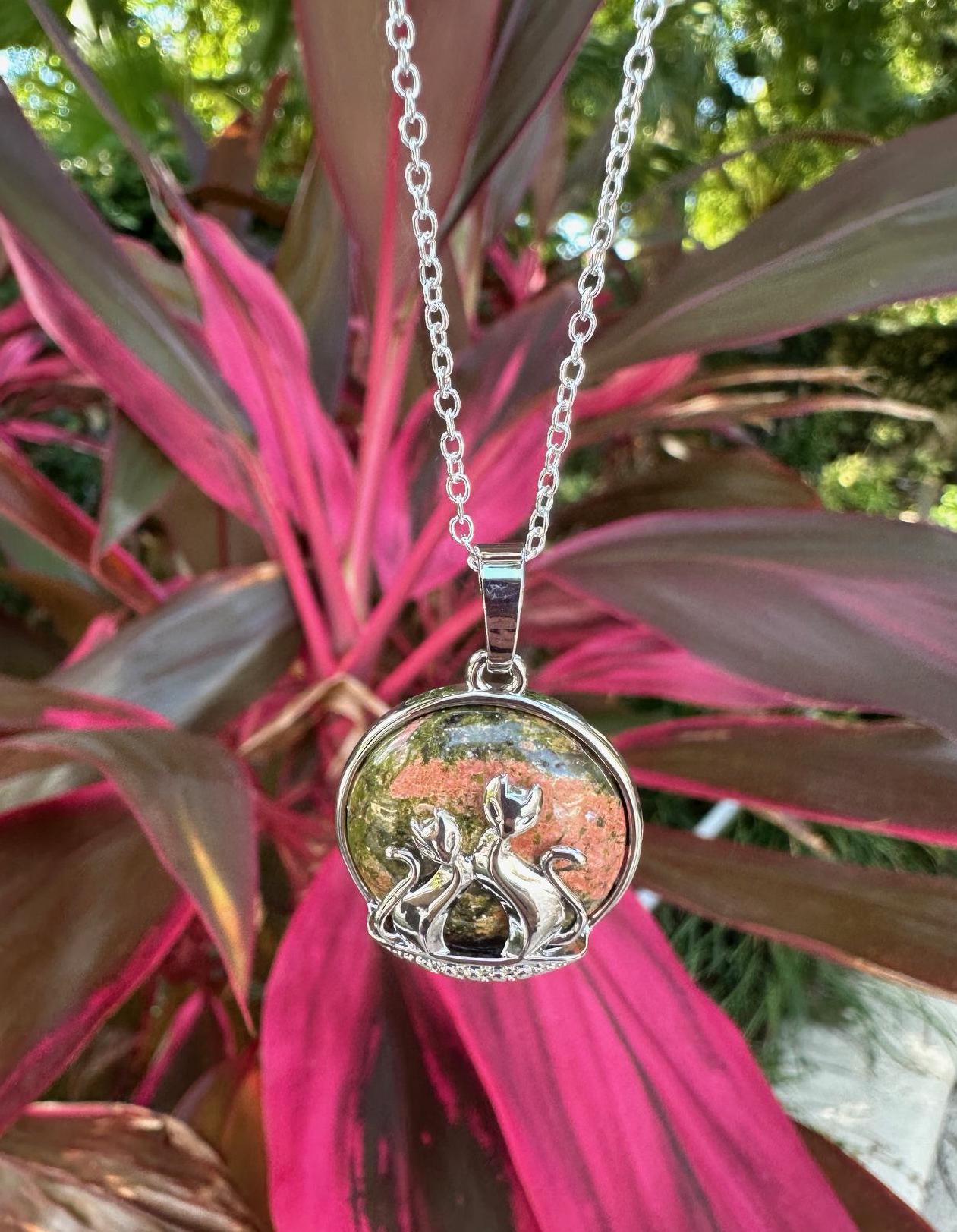 Unakite Cat Love Pendant Necklace