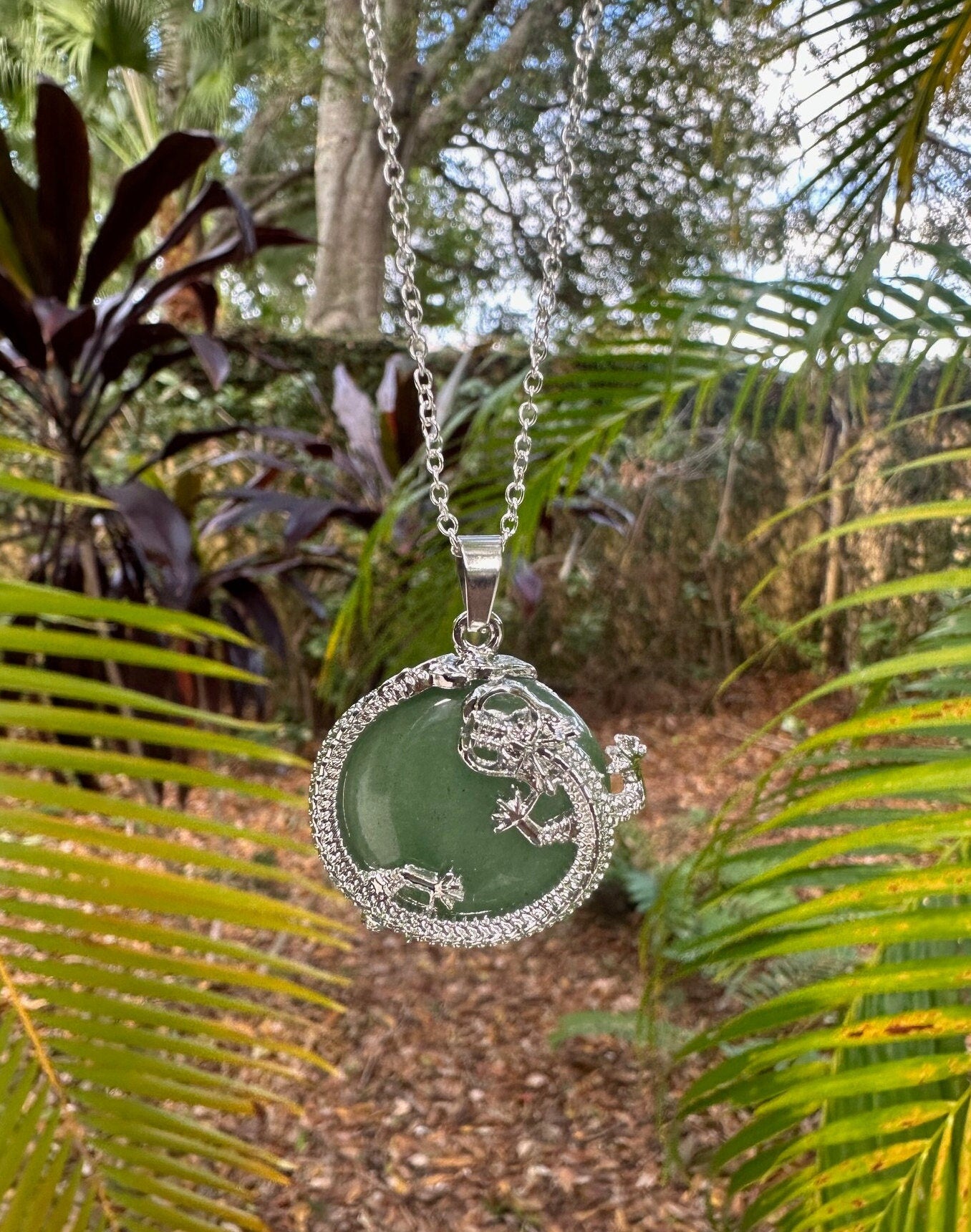 Green Aventurine Dragon Flat Pendant Necklace