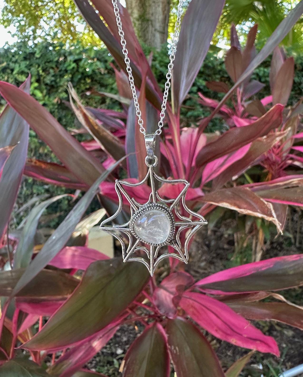 Clear Quartz Spider Web Pendant Necklace
