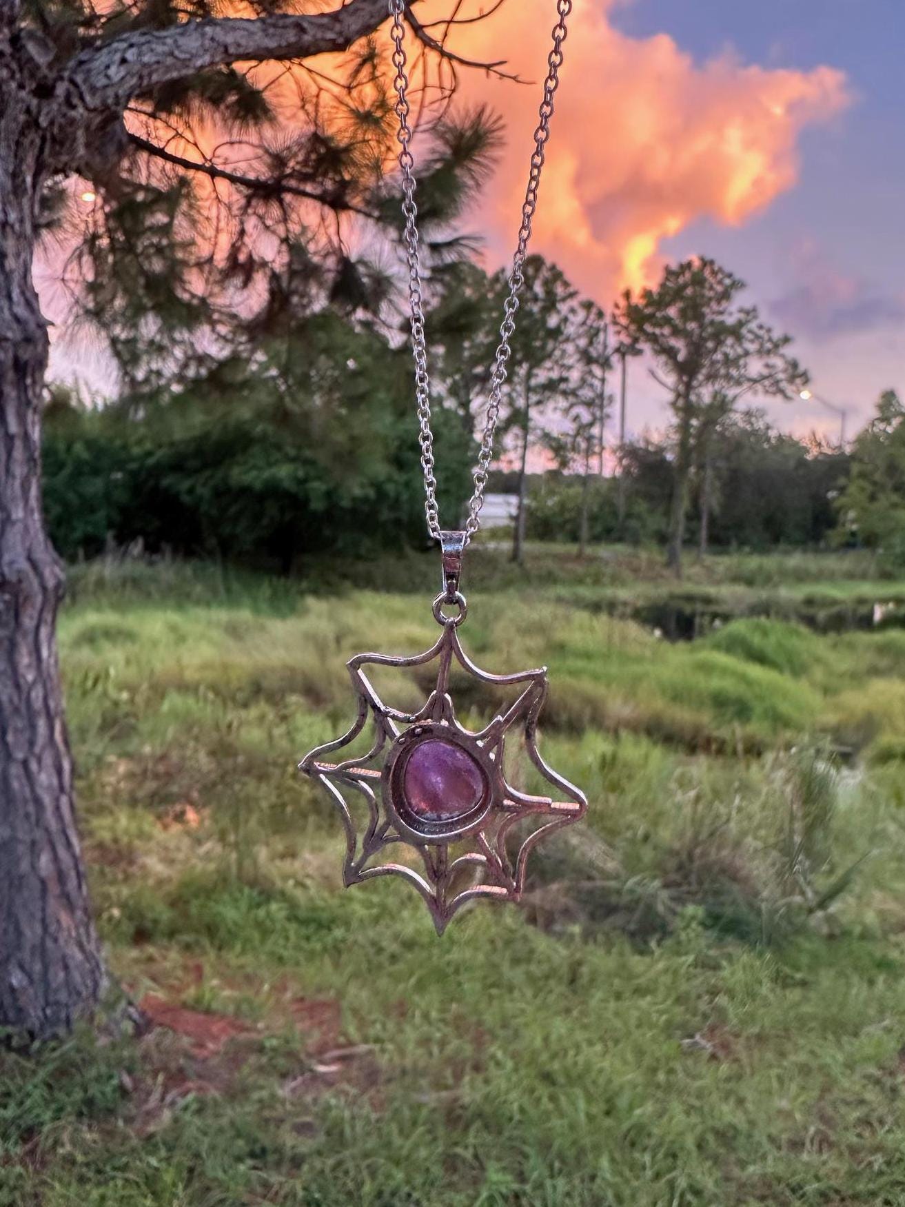 Amethyst Spider Web Pendant Necklace