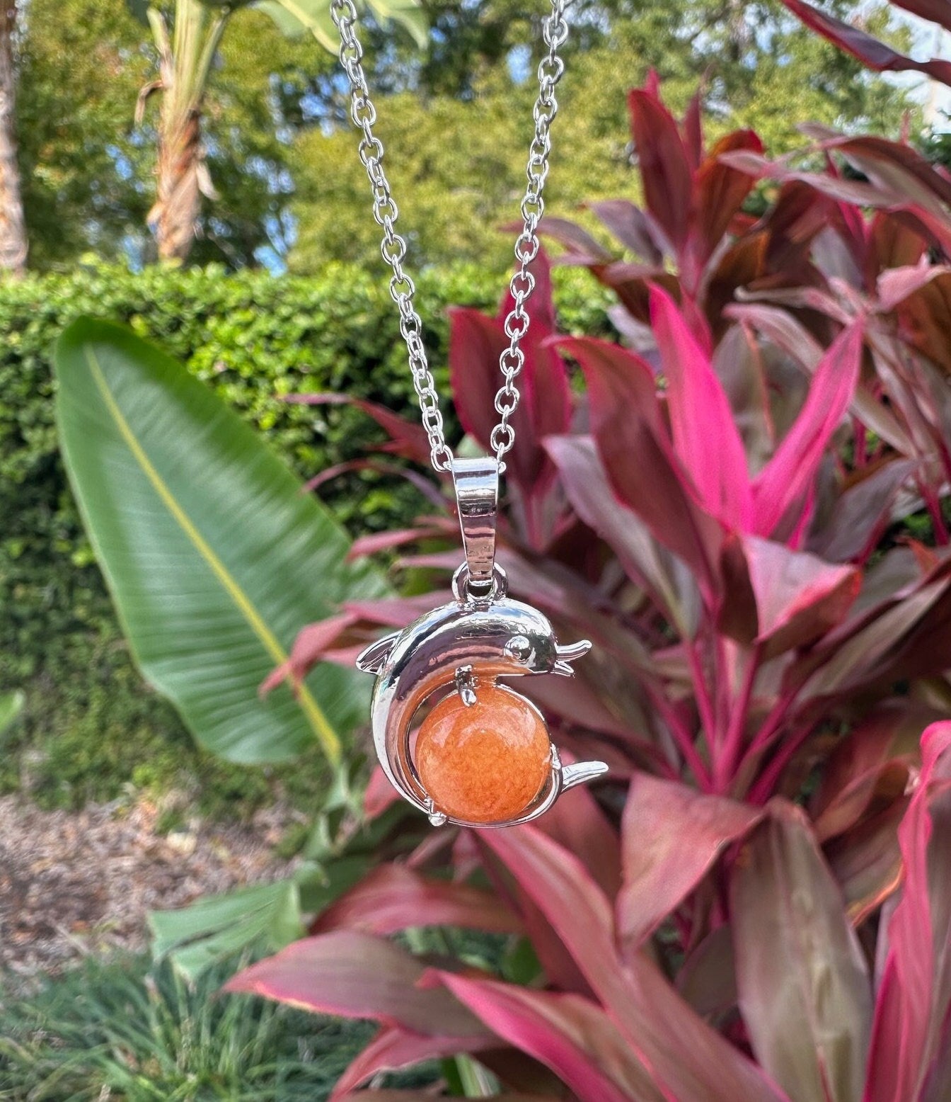 Orange Aventurine Dolphin Pendant Necklace