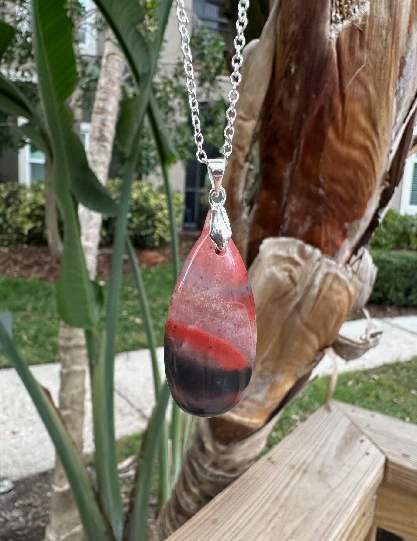 African Bloodstone Teardrop Pendant Necklace