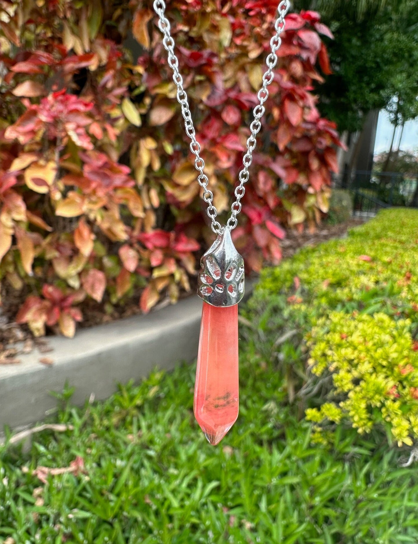 Cherry Quartz Thin Hexagon Pendant Necklace
