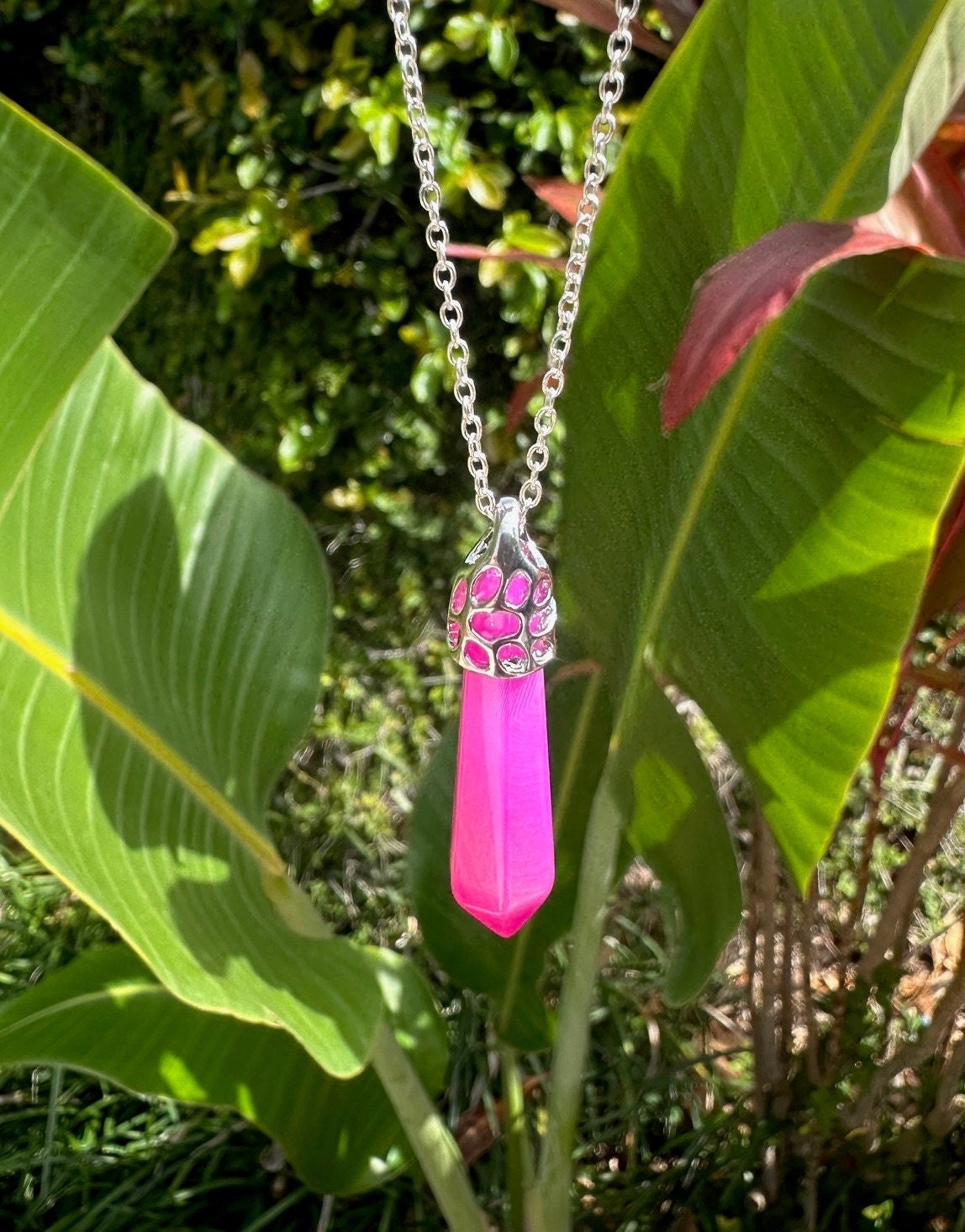 Pink Stripe Agate Thin Hexagon Pendant Necklace