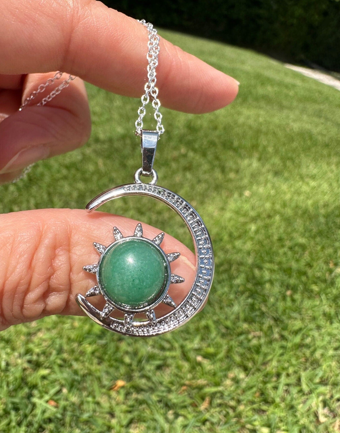 Green Aventurine Crescent Sun Pendant Necklace