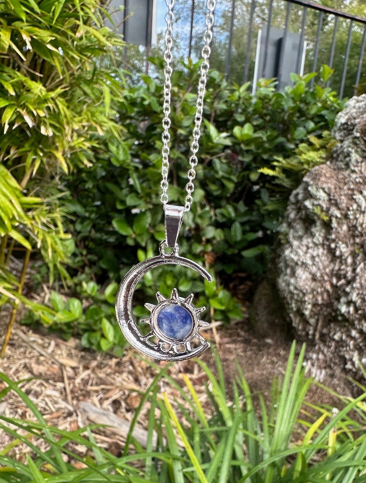 Blue Spot Jasper Crescent Sun Pendant Necklace