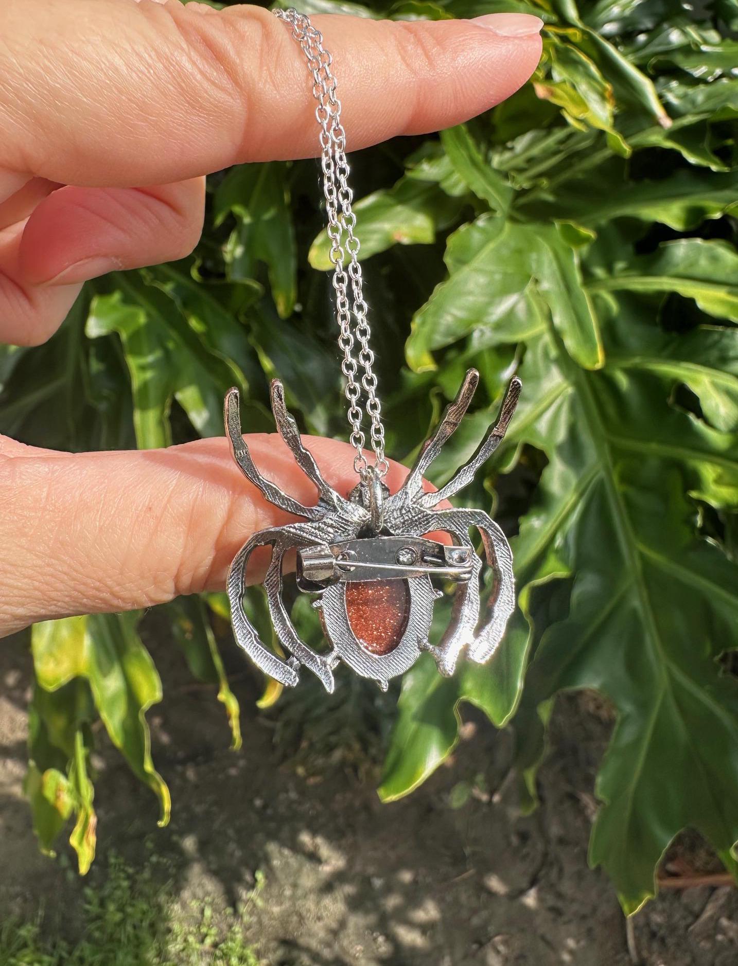 Goldstone Spider Brooch Necklace