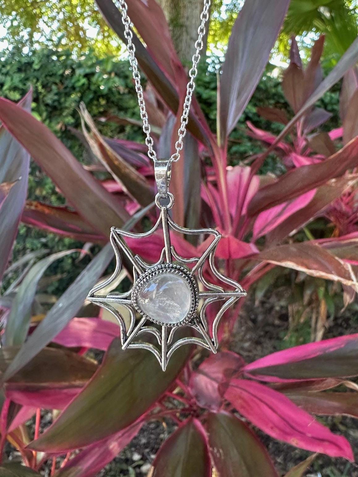 Clear Quartz Spider Web Pendant Necklace
