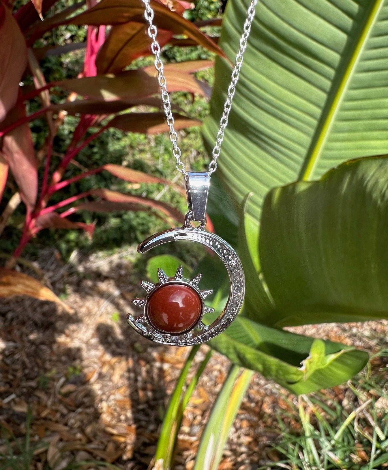 Red Jasper Crescent Sun Pendant Necklace