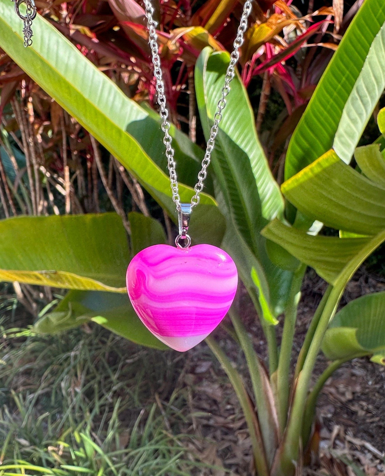 Pink Stripe Agate Heart Pendant Necklace