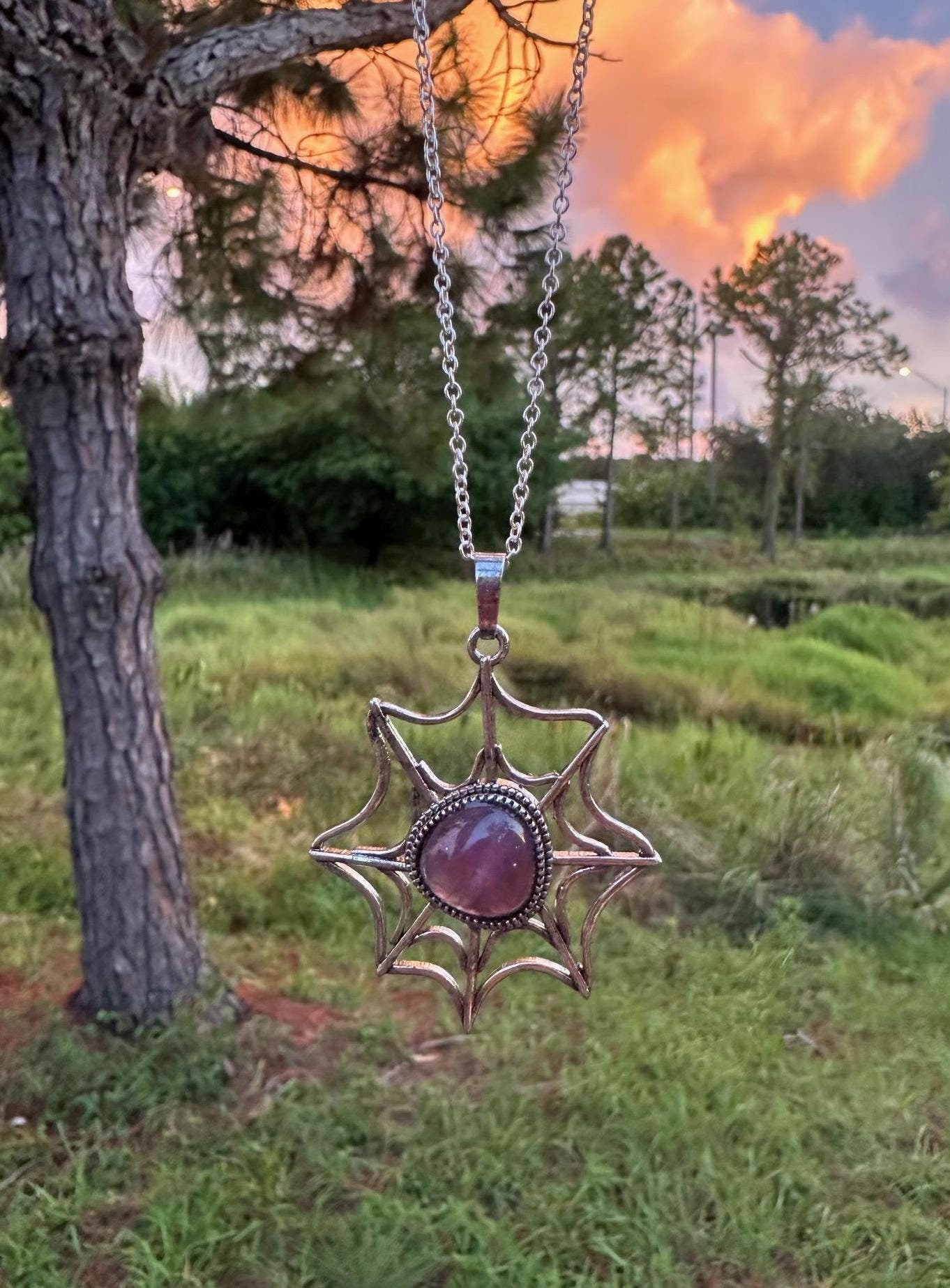 Amethyst Spider Web Pendant Necklace