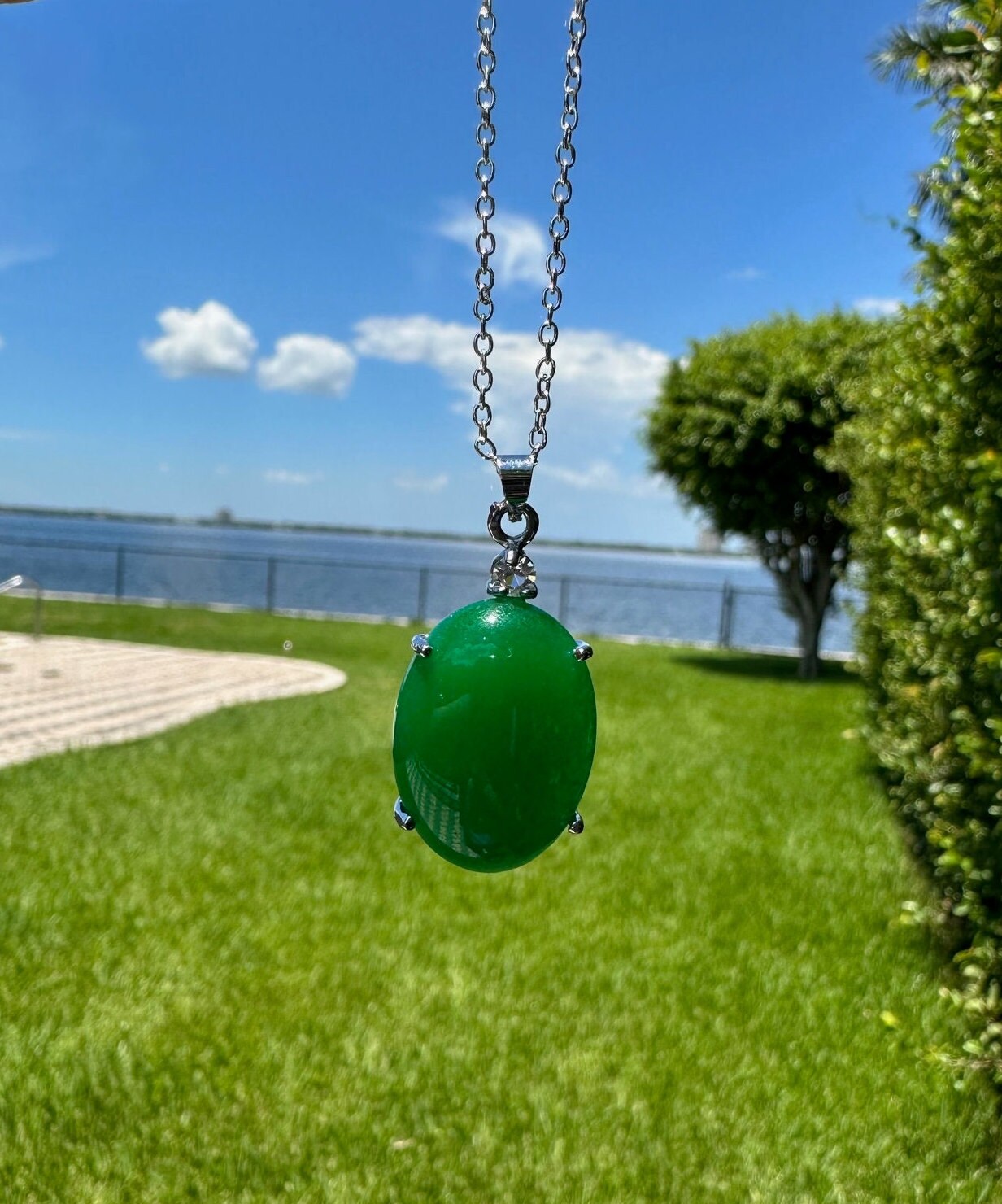 Green Jade Oval Pendant Dyed Green Jade Oval Pendant Man Made Encased Necklace