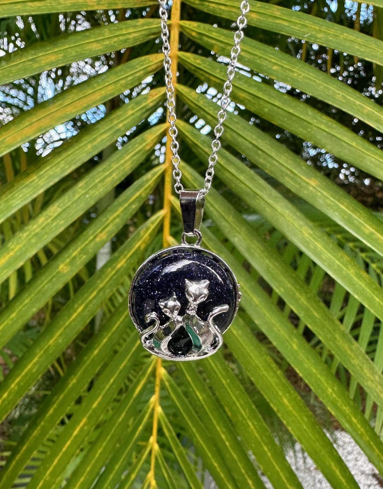 Blue Goldstone Cat Love Pendant Necklace