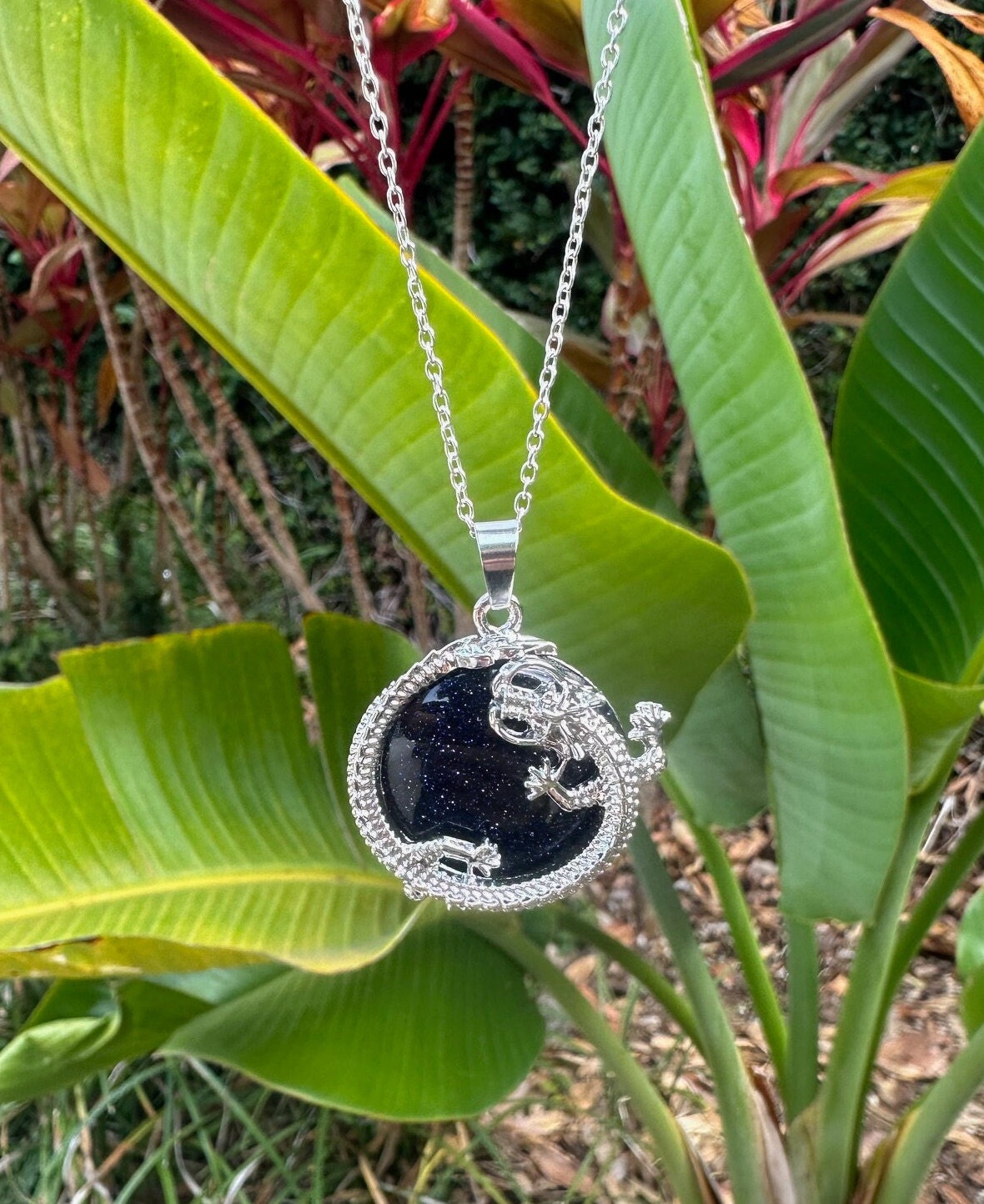 Blue Goldstone Dragon Flat Pendant Necklace