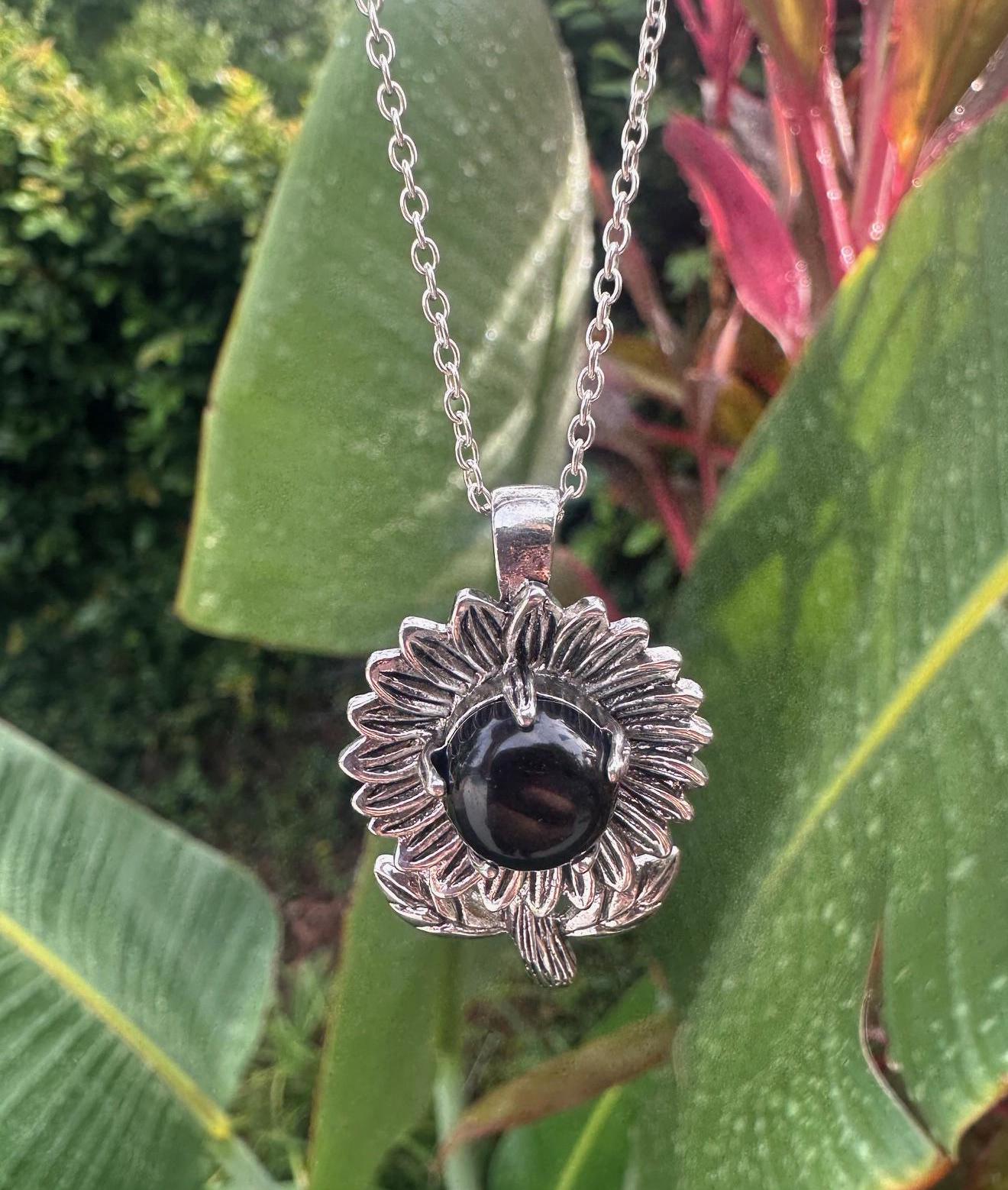 Obsidian Sunflower Pendant Necklace