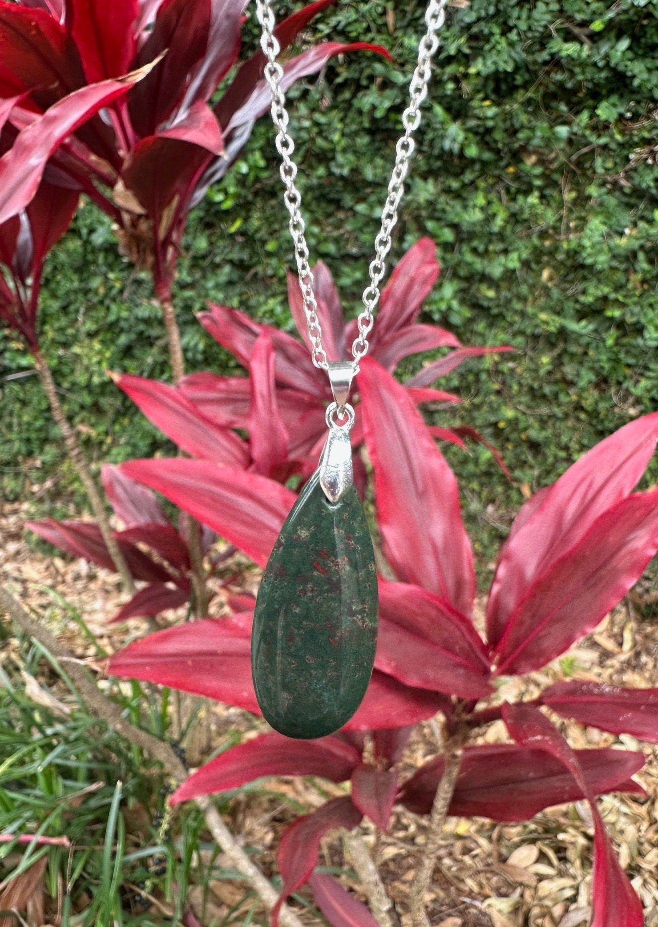 Indian Bloodstone Teardrop Pendant Necklace