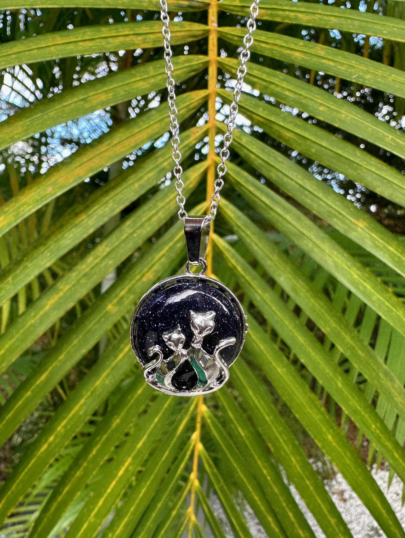 Blue Goldstone Cat Love Pendant Necklace