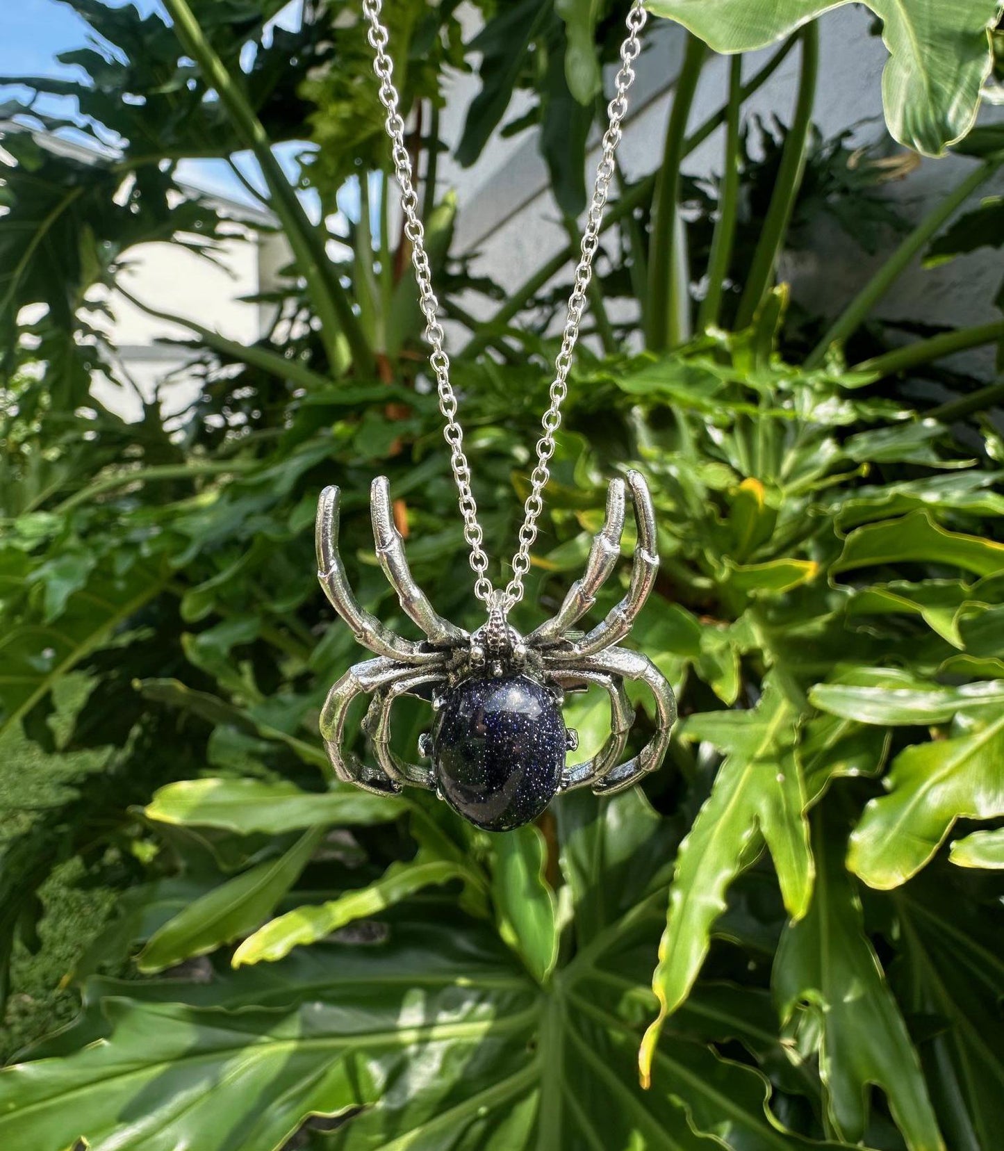 Blue Goldstone Spider Brooch Necklace