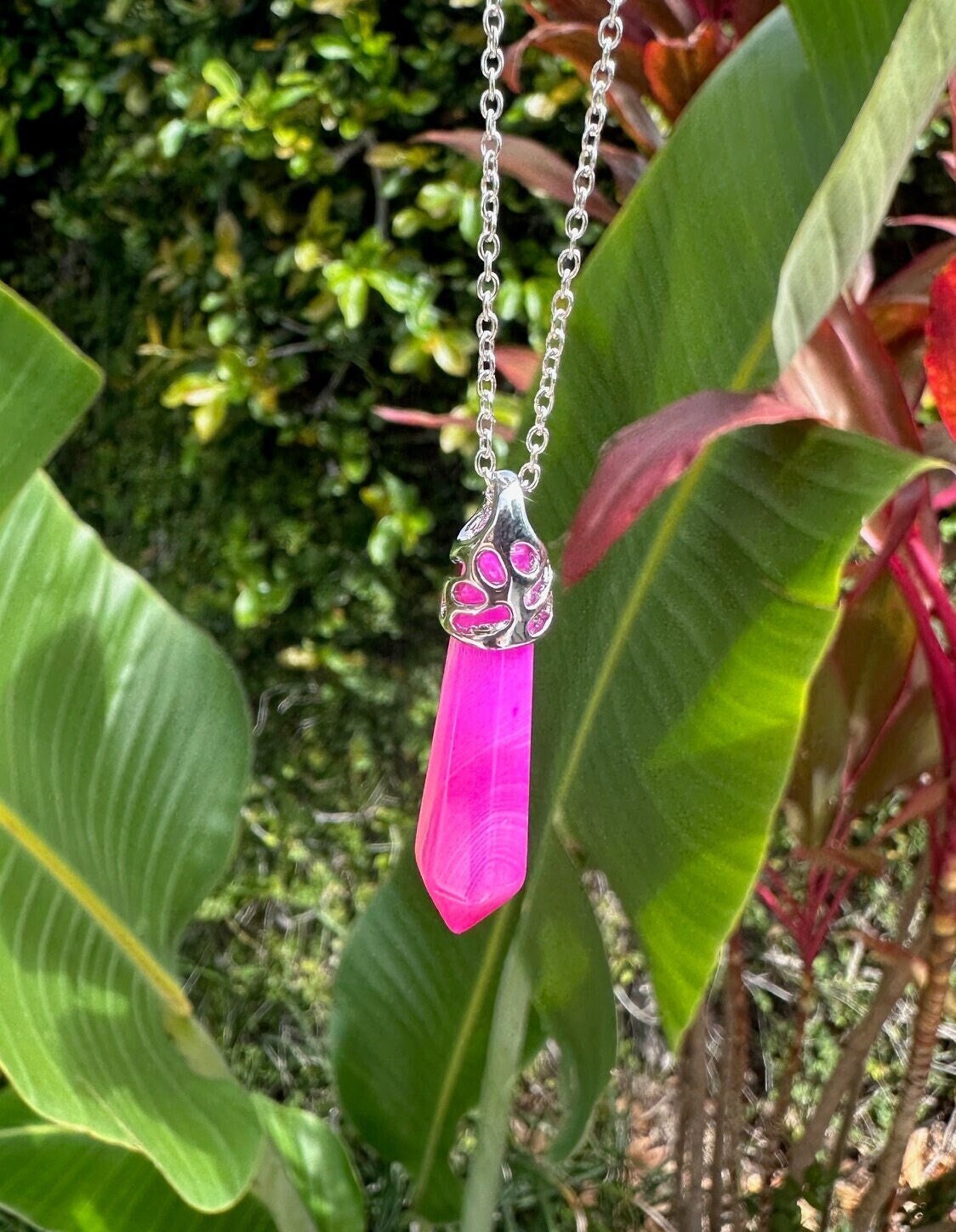 Pink Stripe Agate Thin Hexagon Pendant Necklace