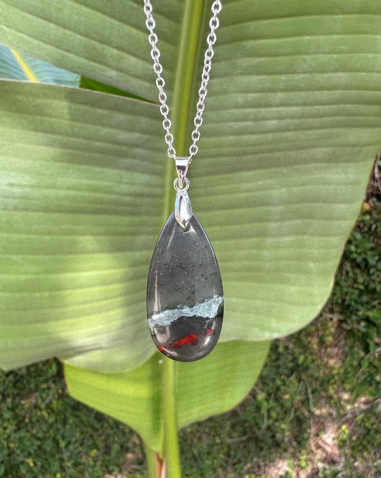 African Bloodstone Teardrop Pendant Necklace