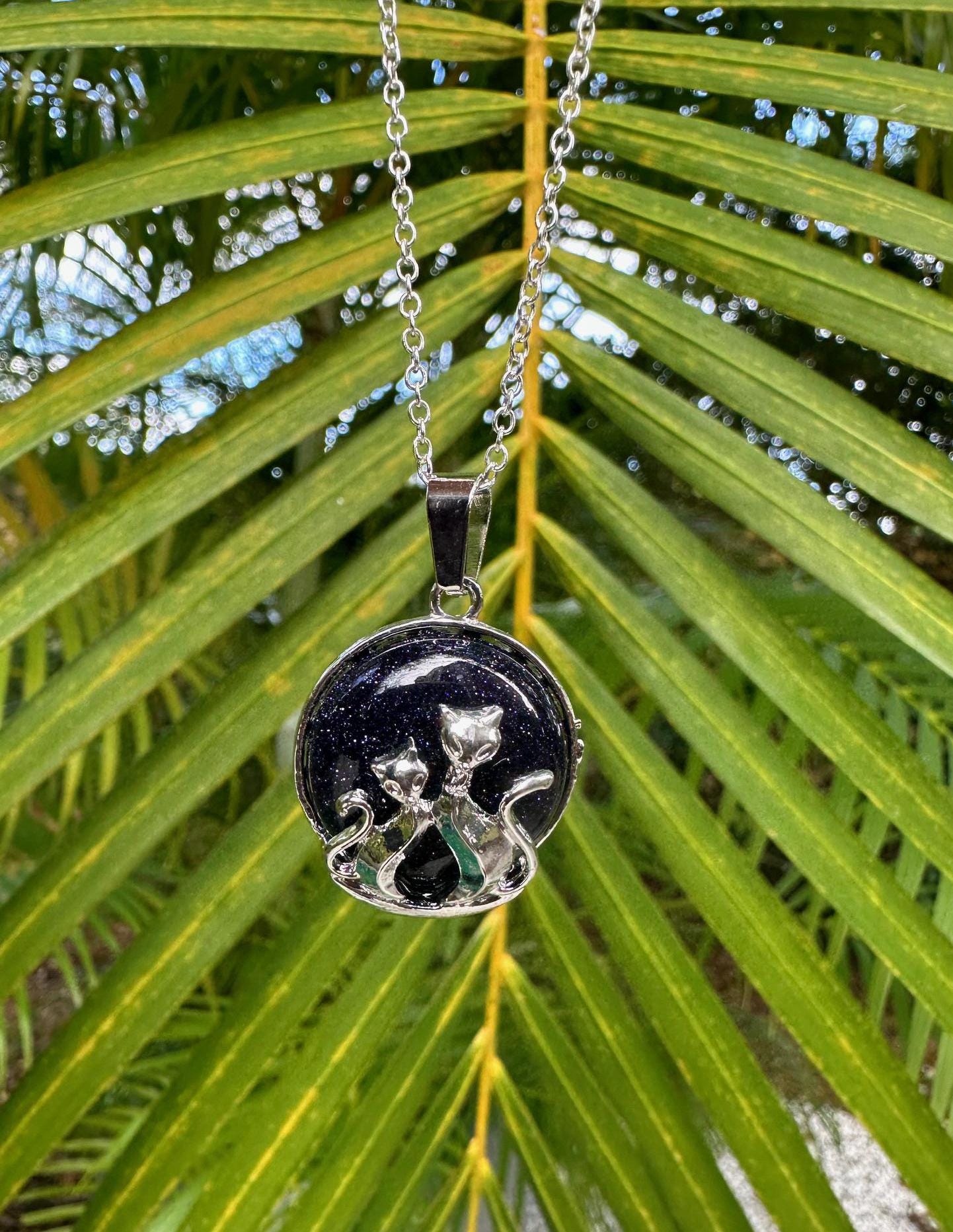 Blue Goldstone Cat Love Pendant Necklace