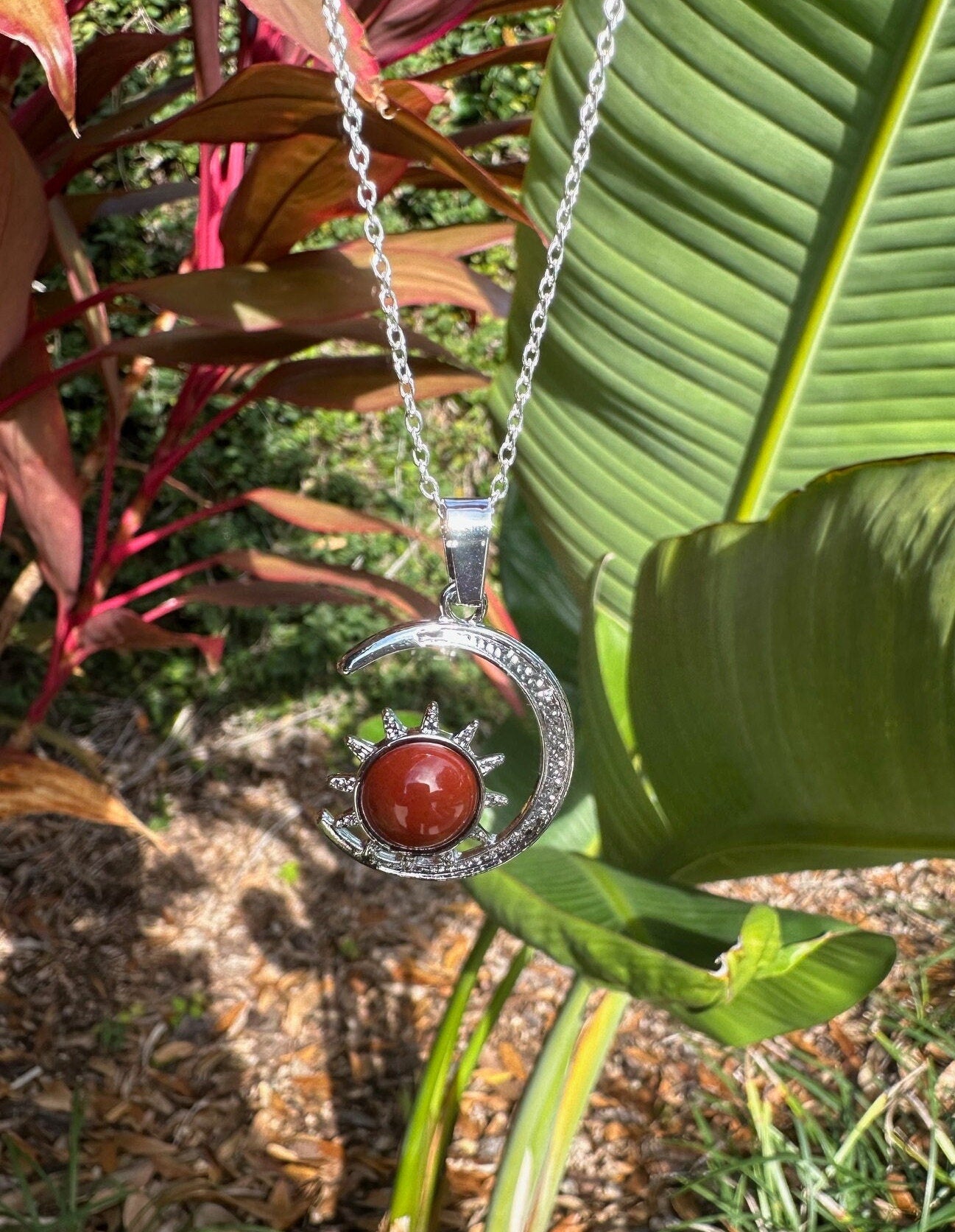 Red Jasper Crescent Sun Pendant Necklace