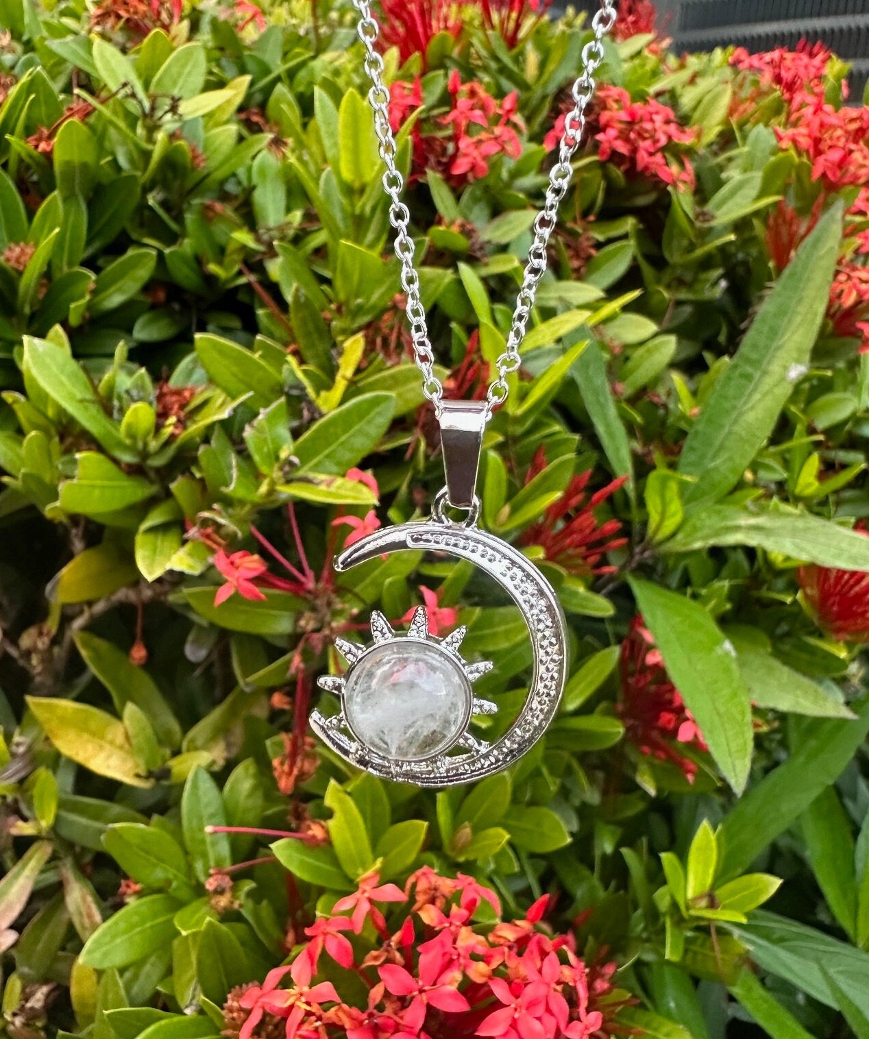 Clear Quartz Crescent Sun Pendant Necklace