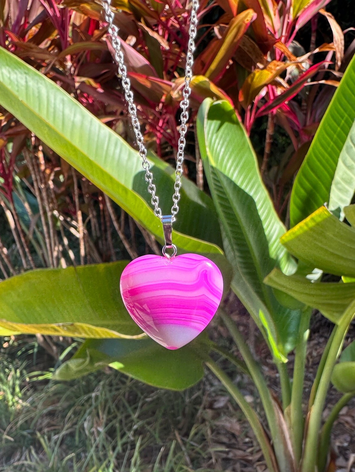 Pink Stripe Agate Heart Pendant Necklace