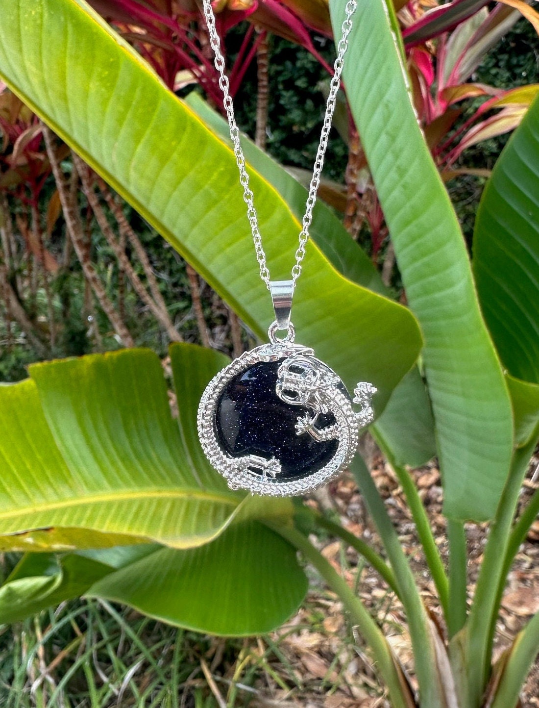 Blue Goldstone Dragon Flat Pendant Necklace