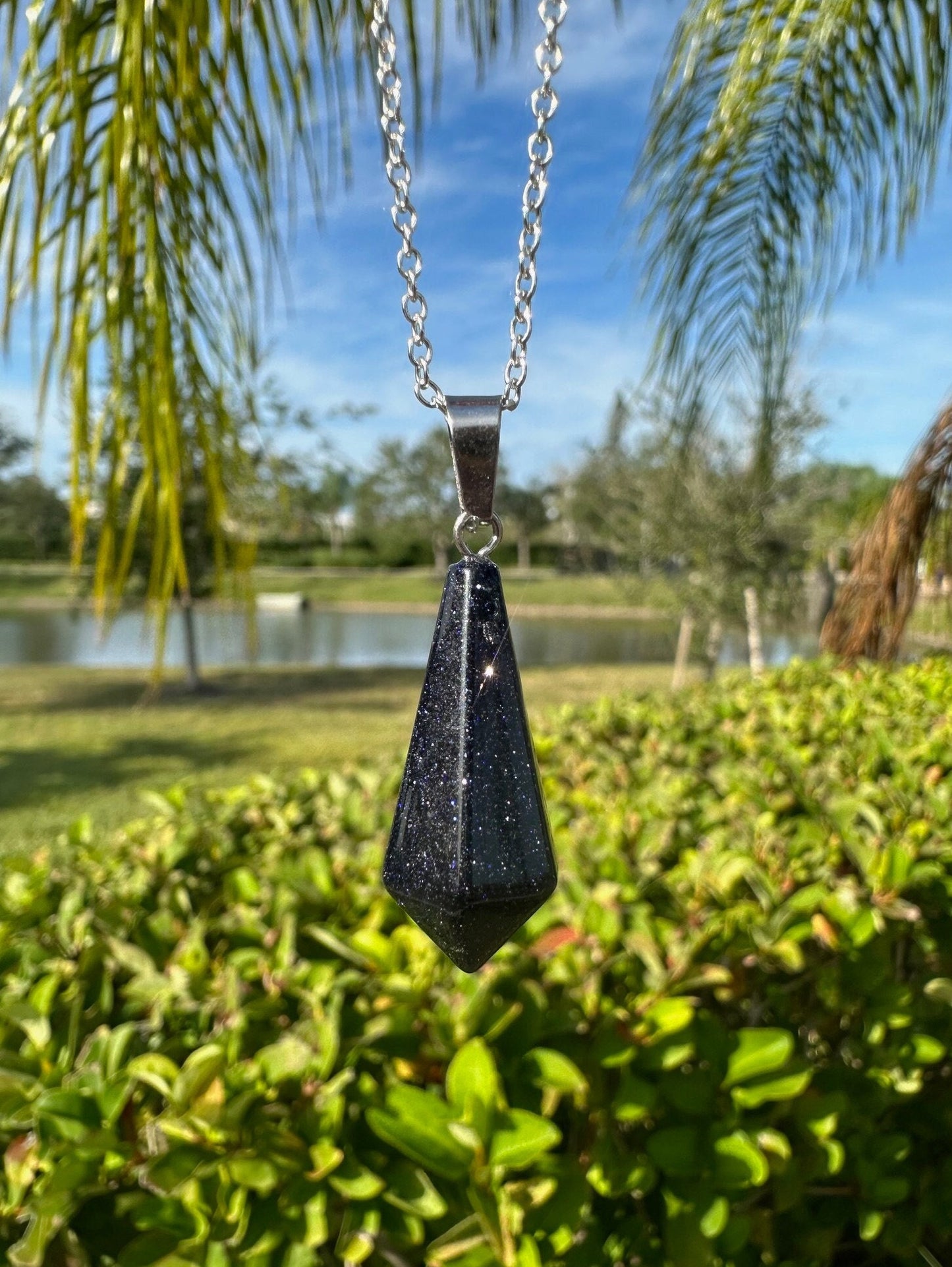 Blue Goldstone Hexagon Pendant Necklace