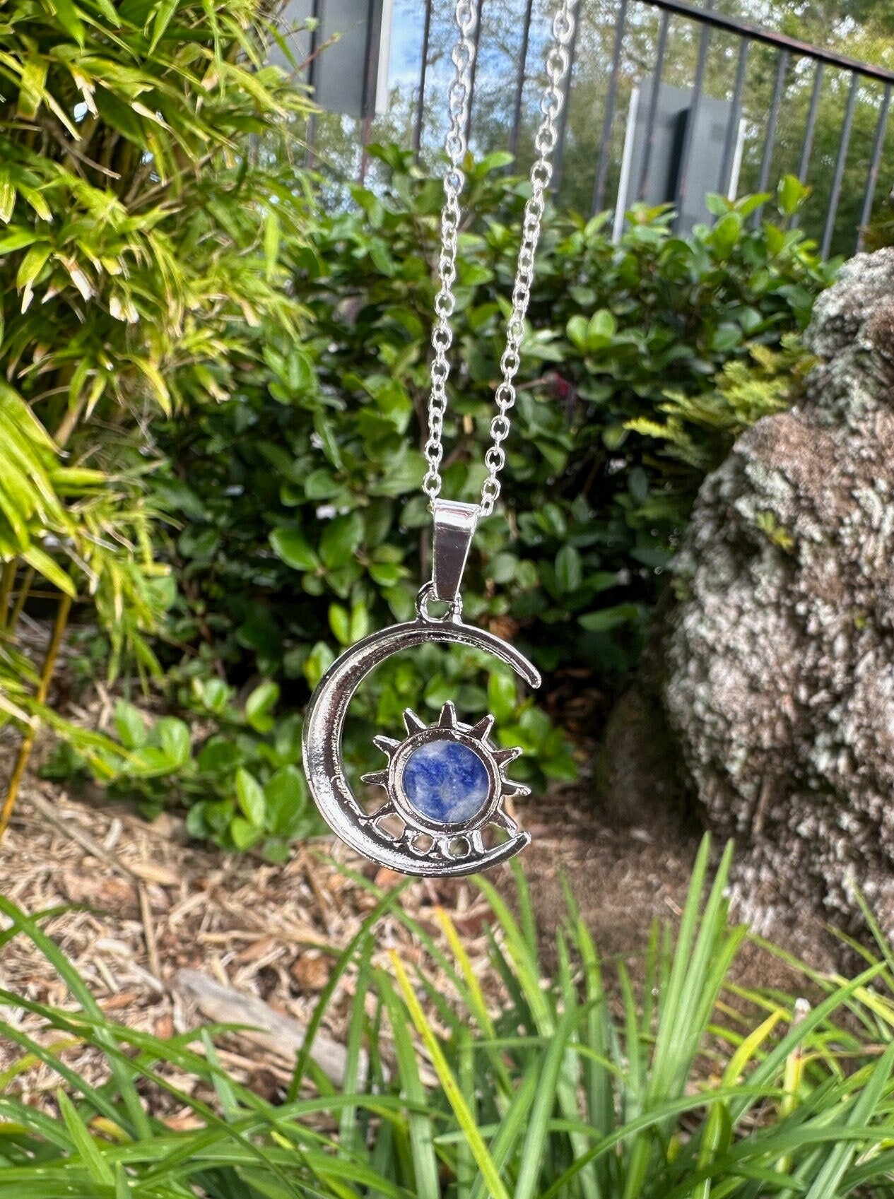 Blue Spot Jasper Crescent Sun Pendant Necklace