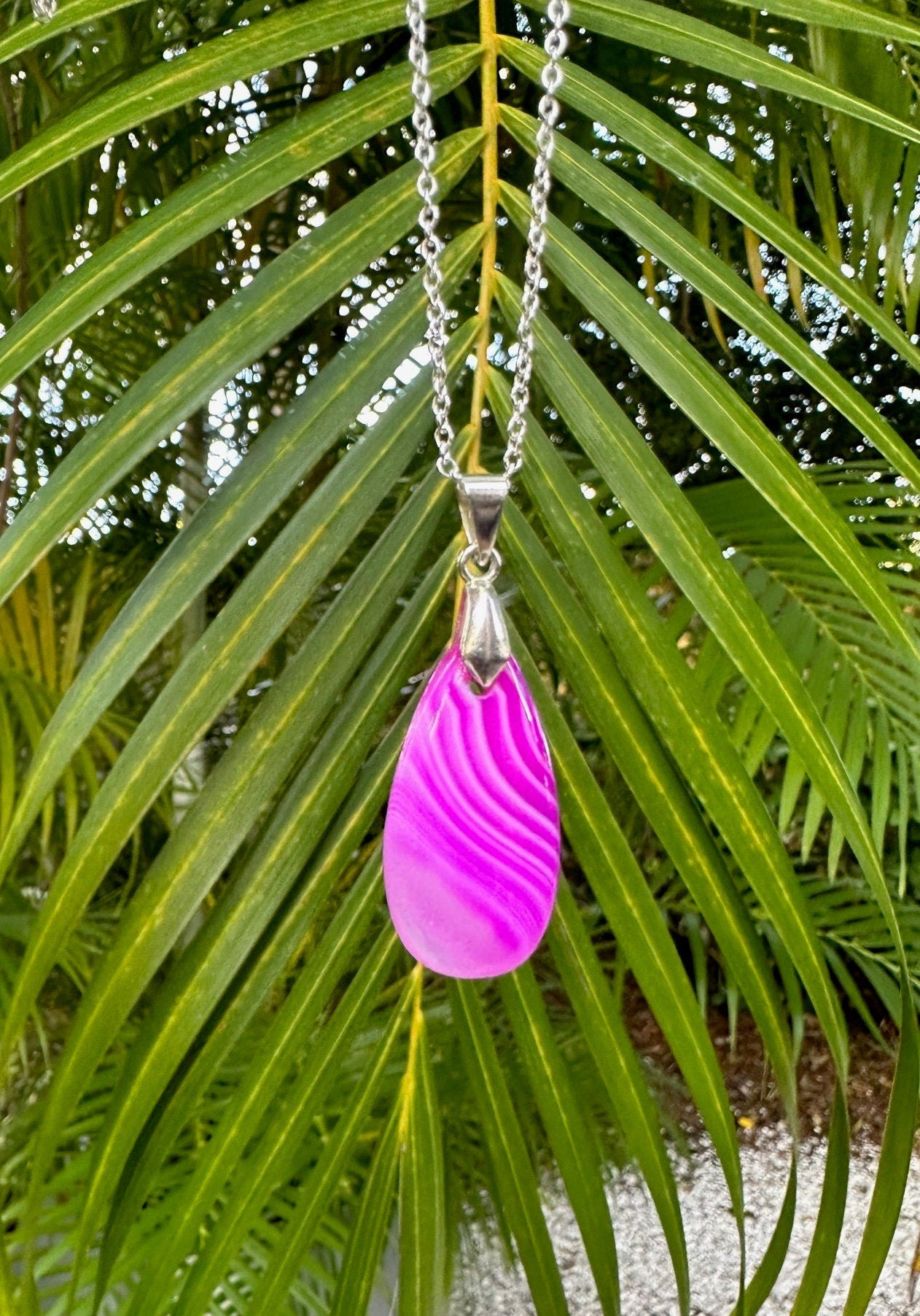 Pink Stripe Agate Teardrop Pendant Necklace