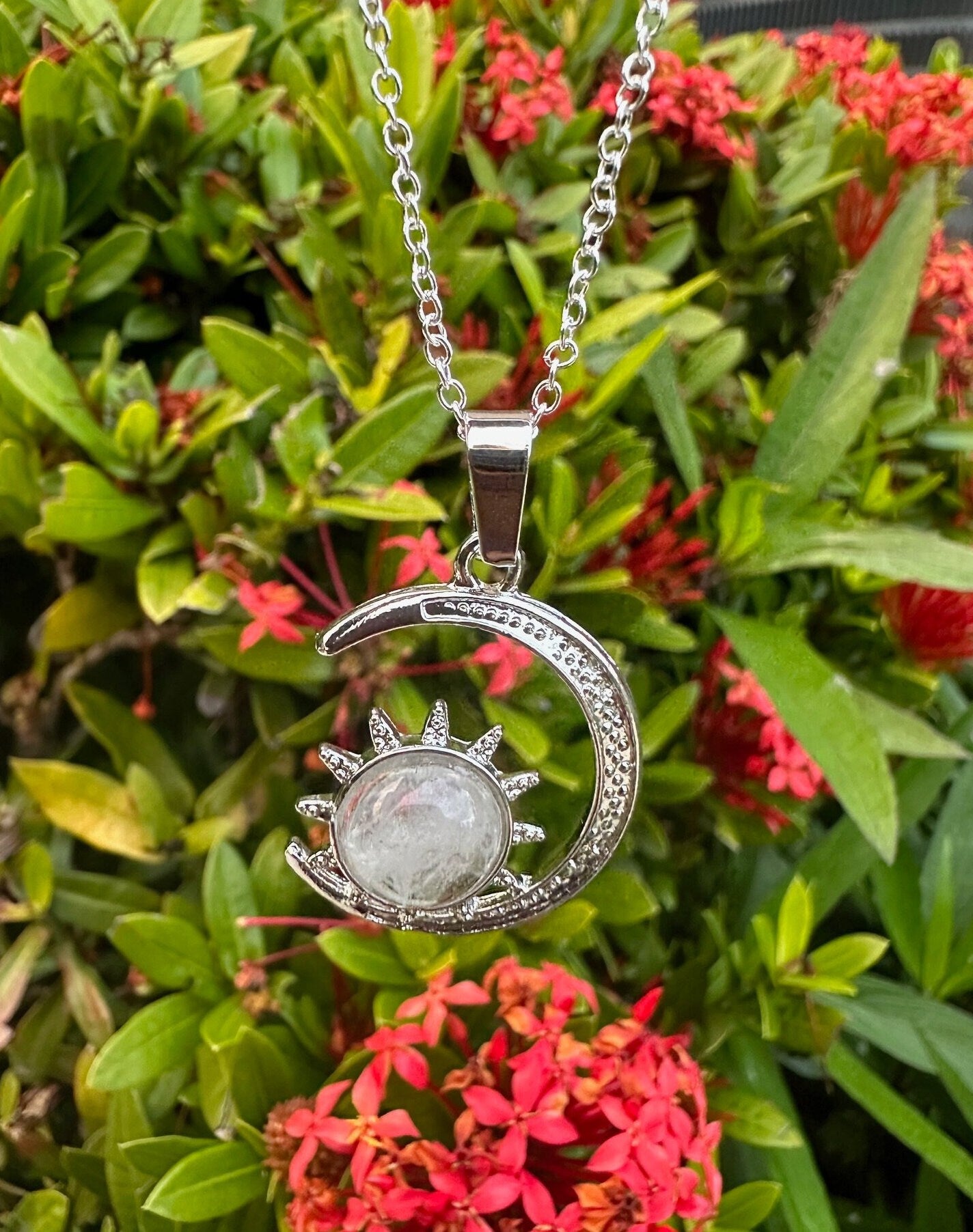 Clear Quartz Crescent Sun Pendant Necklace