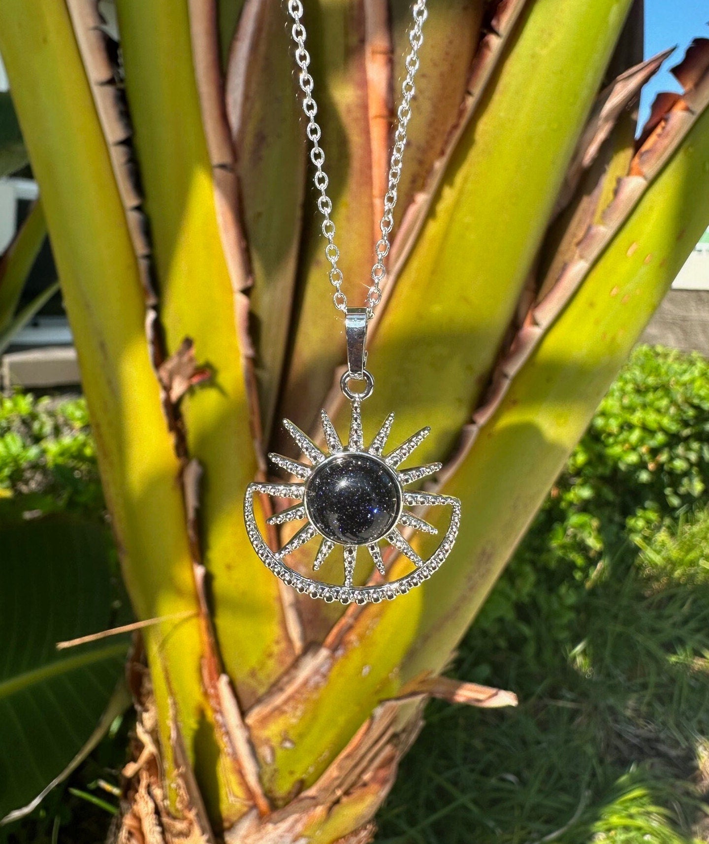 Blue Goldstone Sun Moon Pendant Necklace
