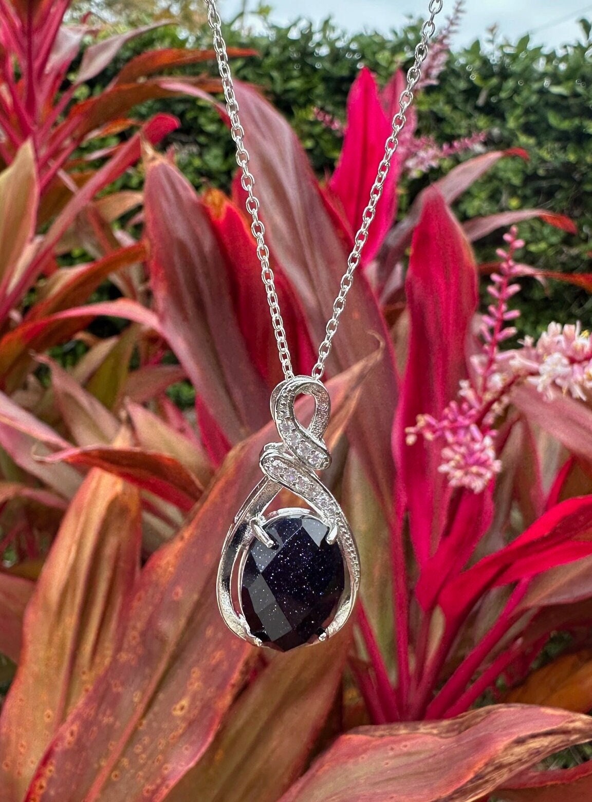 Blue Goldstone Swirl Pendant Necklace